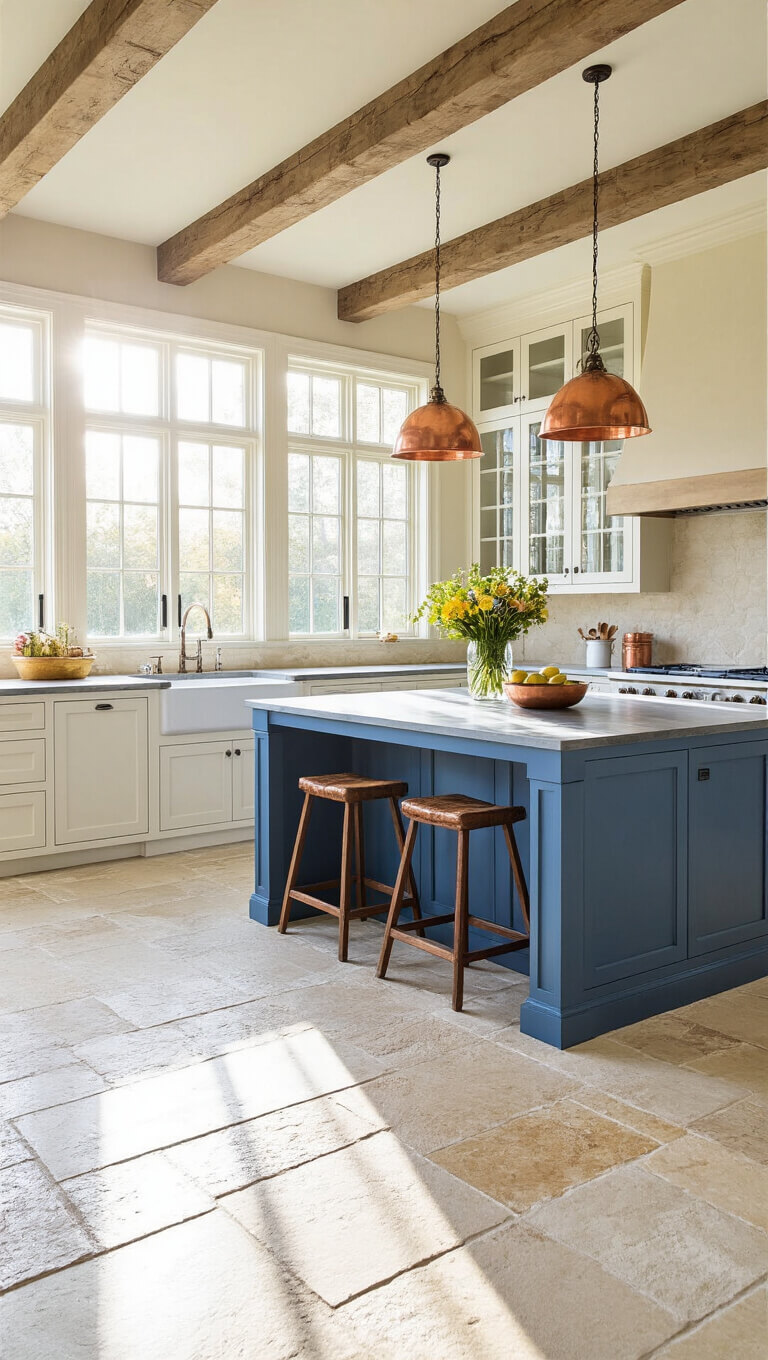 Wide-angle view of spacious kitchen at dawn with limestone floors, beam ceiling, zinc-topped blue island, creamy white cabinets, and morning light streaming through windows.