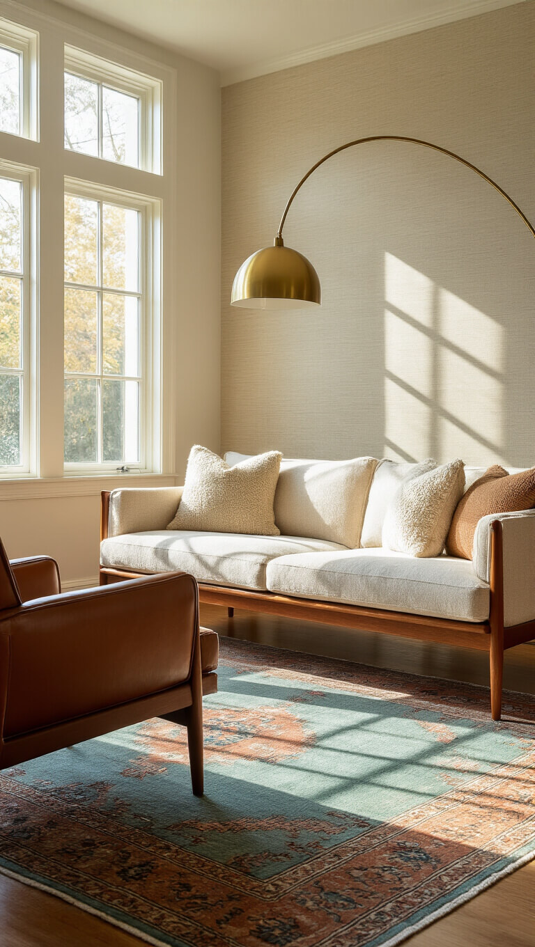 Golden hour sunlit living room with mid-century modern teak sofa, cream bouclé cushions, brass floor lamp, vintage Persian rug, and weathered leather armchair in selective focus.