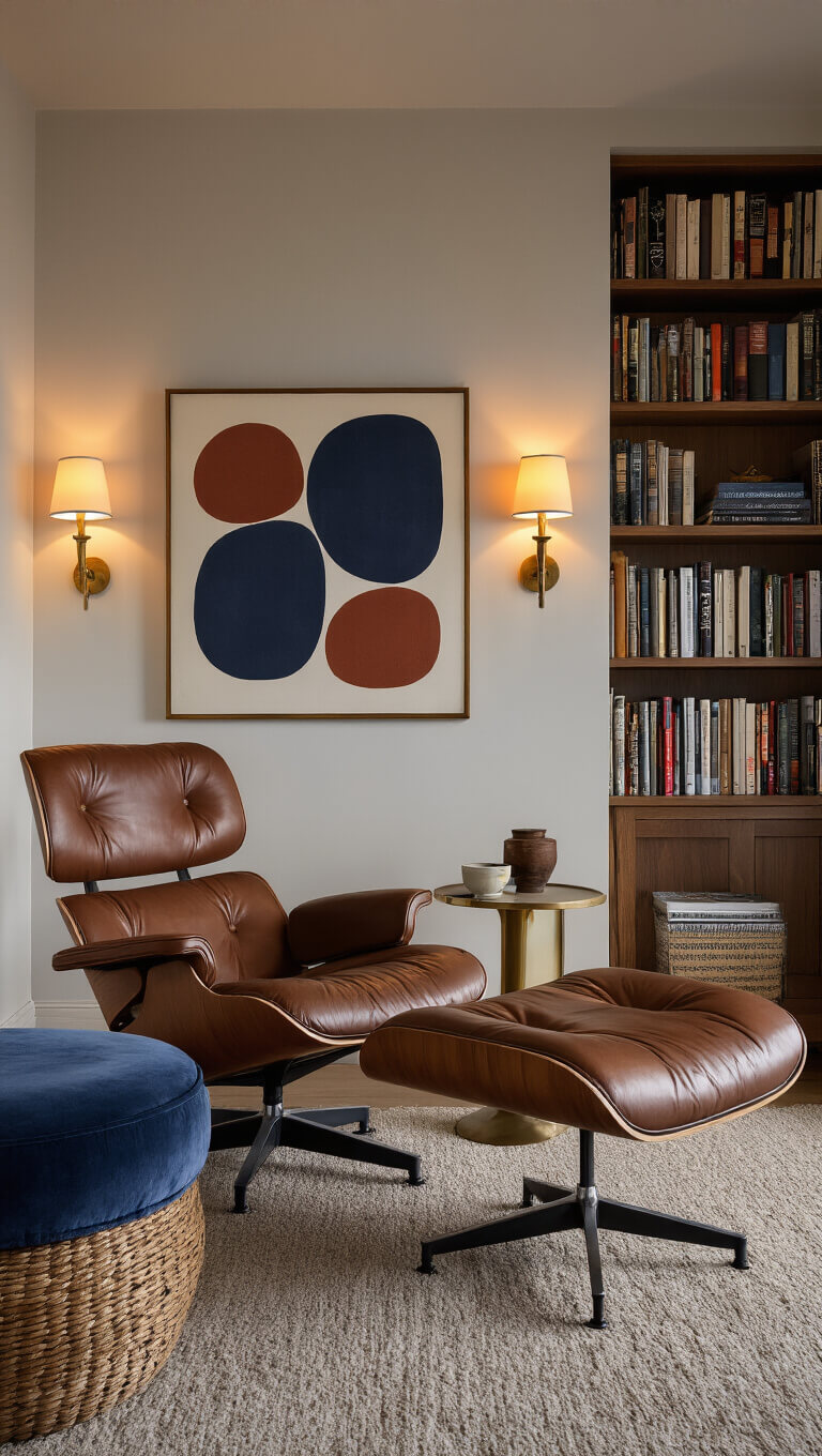 Cozy reading nook with 1960s cognac leather Eames lounge chair, brass sconces, abstract art, and textured décor in warm dusk lighting.
