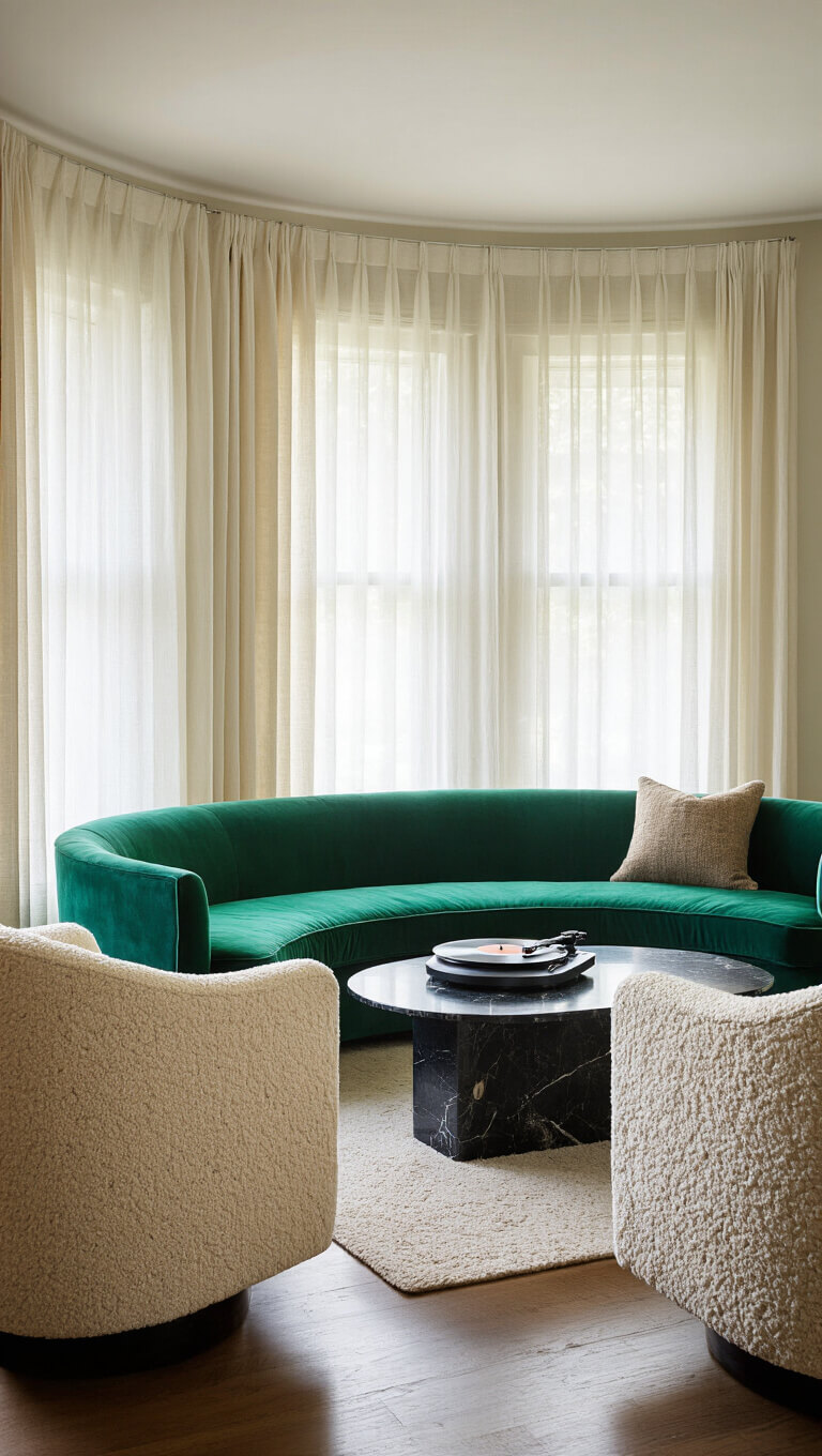 Morning light fills a 14x16ft sitting room with an emerald velvet 1950s curved sofa, cream bouclé swivel chairs, black marble coffee table, and vintage record player on a floating console.