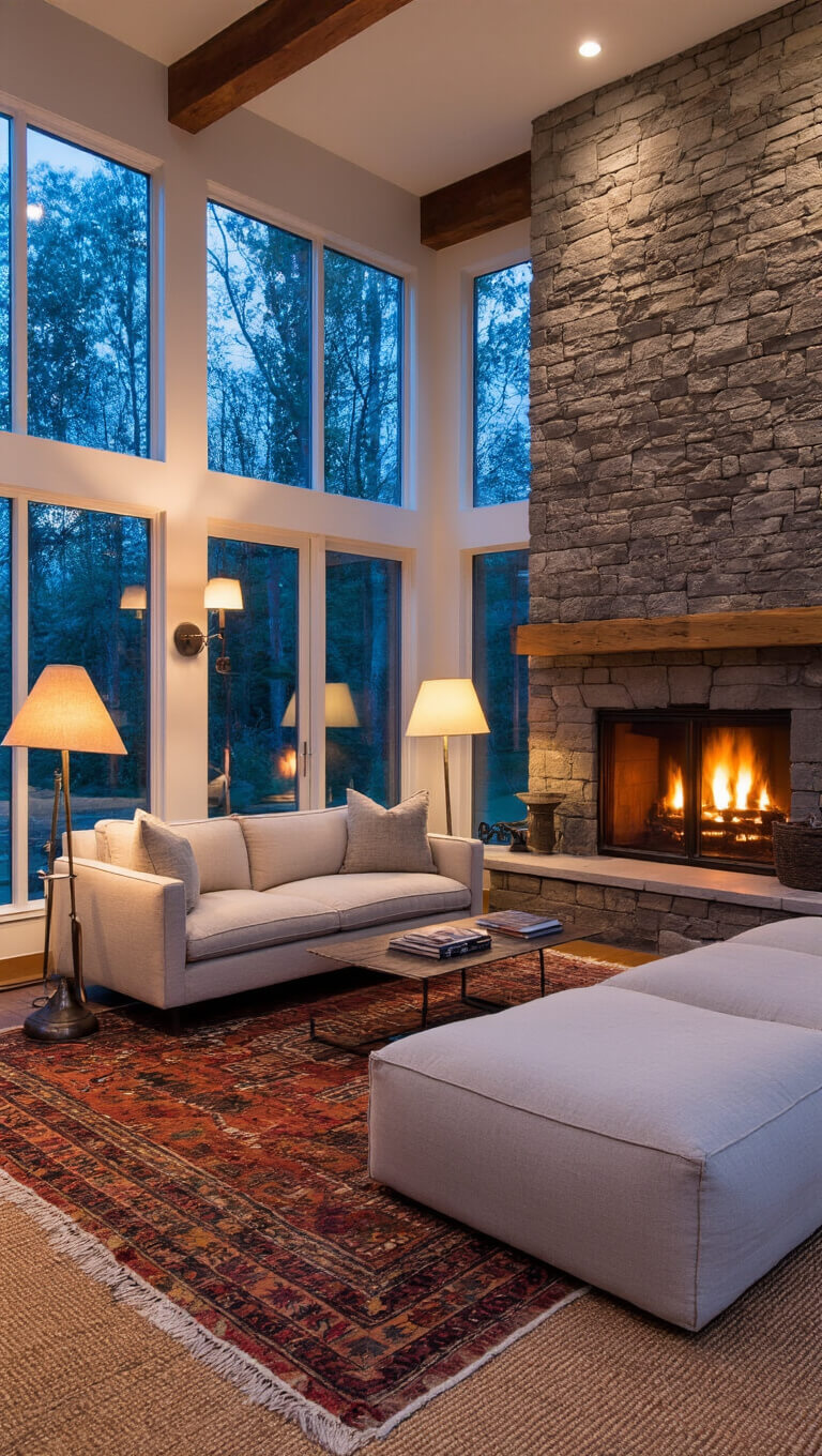 Cozy 16x18ft den at twilight with vintage table lamps, Knoll loveseat, modern linen sectional, floor-to-ceiling stone fireplace, layered Moroccan and sisal rugs, and warm metal accents.