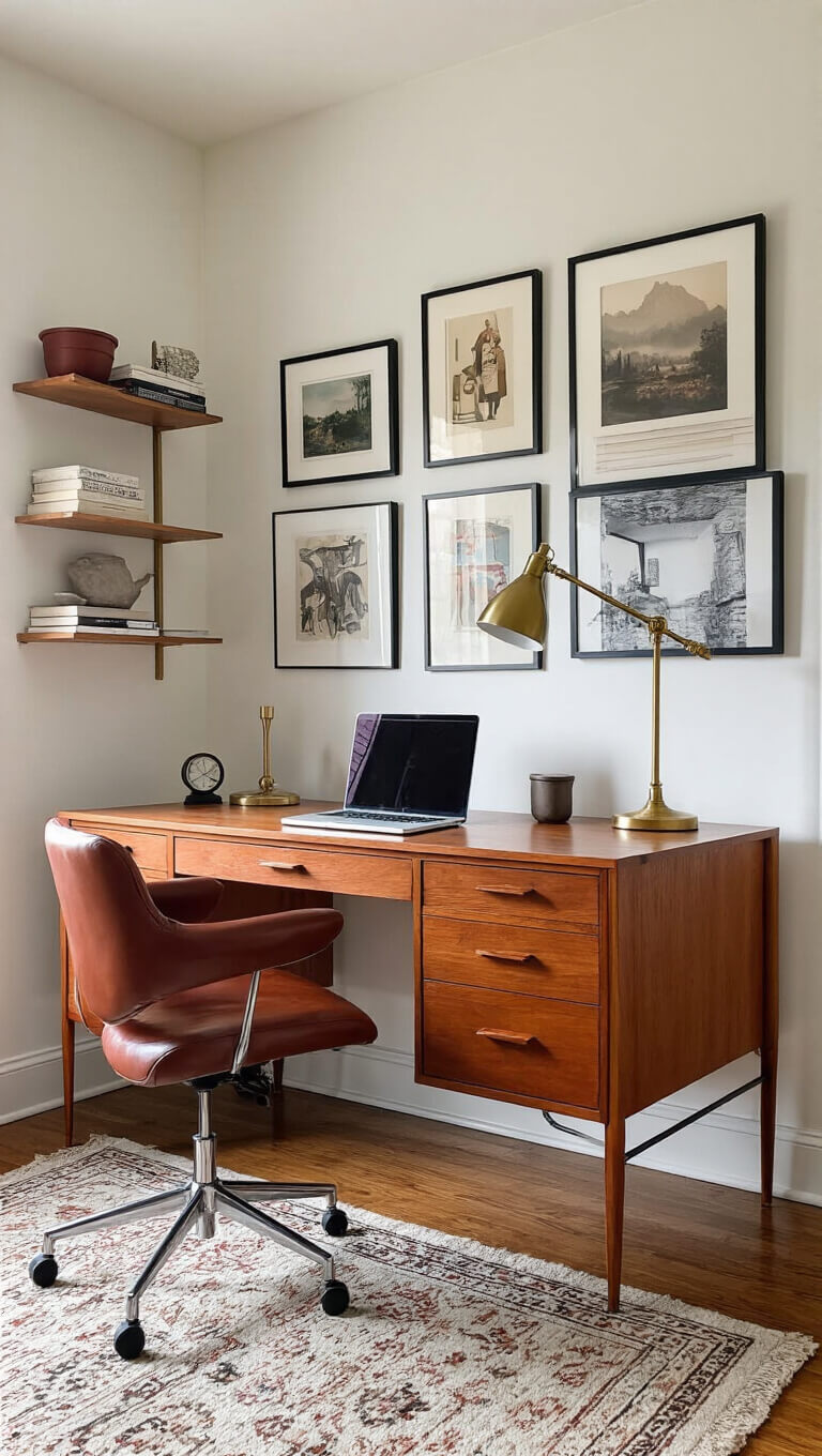 Home office with 1970s teak desk, cognac leather chair, gallery wall of vintage and modern art, brass lamp, and minimalist shelves in warm afternoon light.