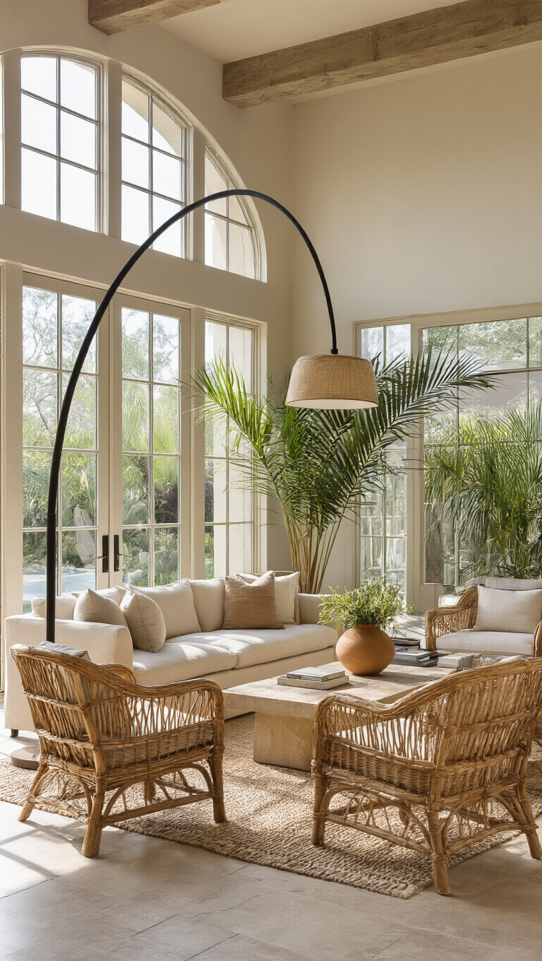 Sunlit great room with exposed beams, low-profile oatmeal sofa, arc floor lamp, vintage rattan chairs, floor-to-ceiling windows, and styled with pottery, geometric cushions, and preserved palm fronds.