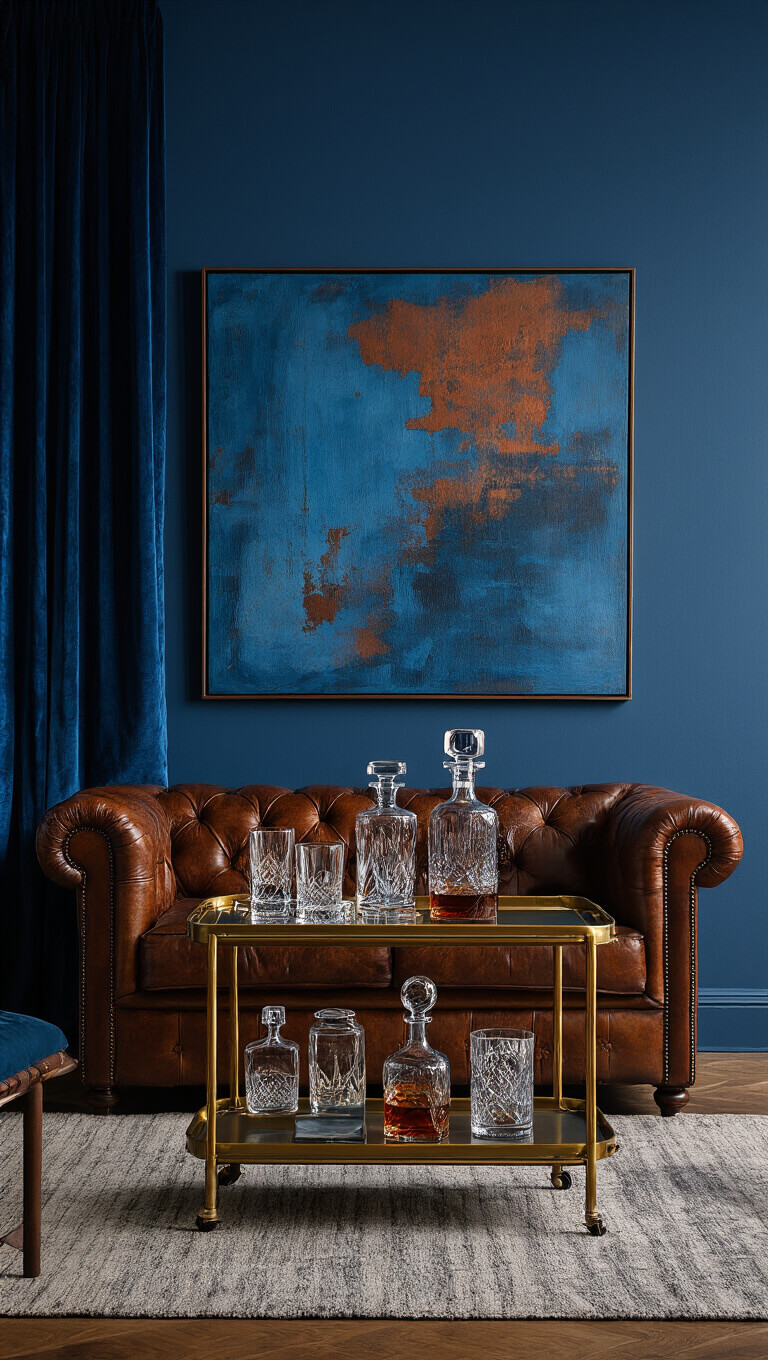 Moody 12x14ft lounge at blue hour with vintage bar cart, abstract art, aged leather Chesterfield sofa, velvet curtains, brass accents, and cut crystal decor.