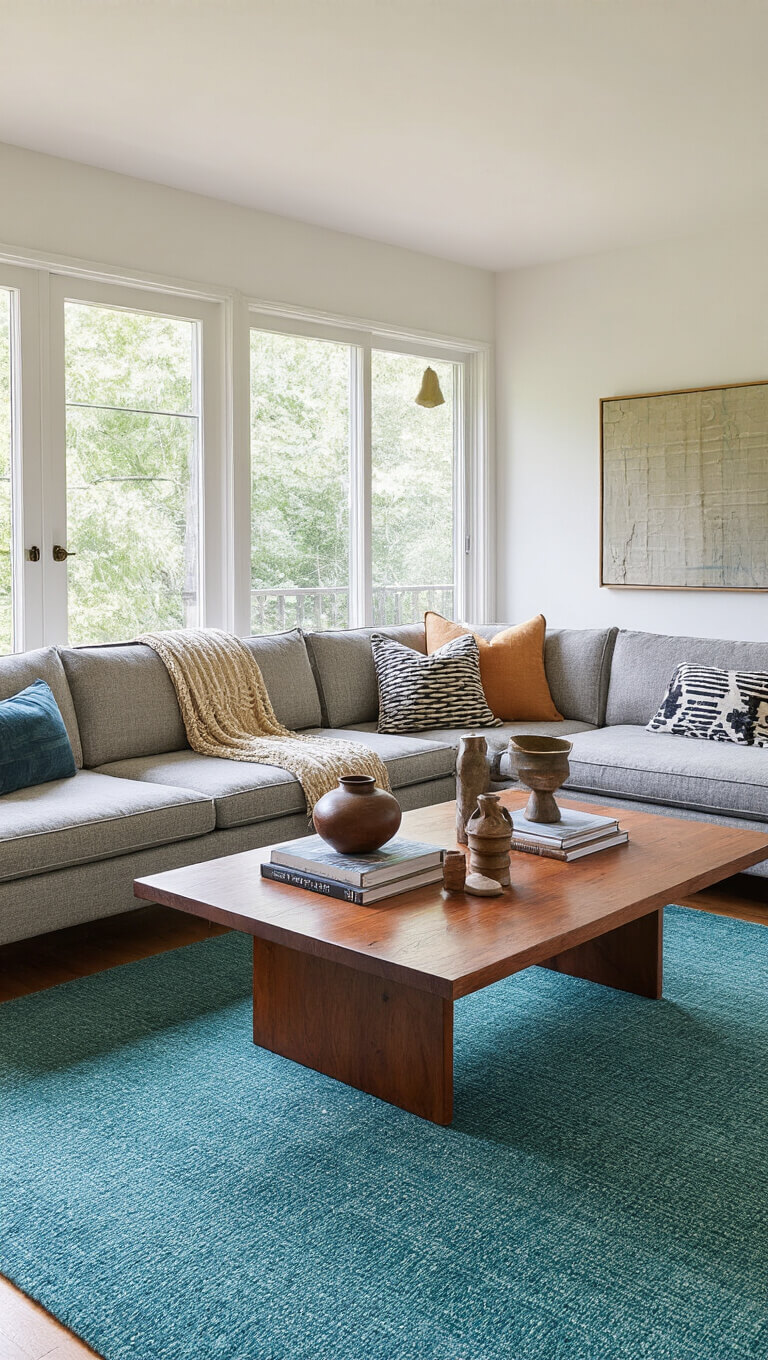 Contemporary family room with platform sofa, restored Adrian Pearsall coffee table, teal overdyed rug, and mixed modern-classic decor in morning light.