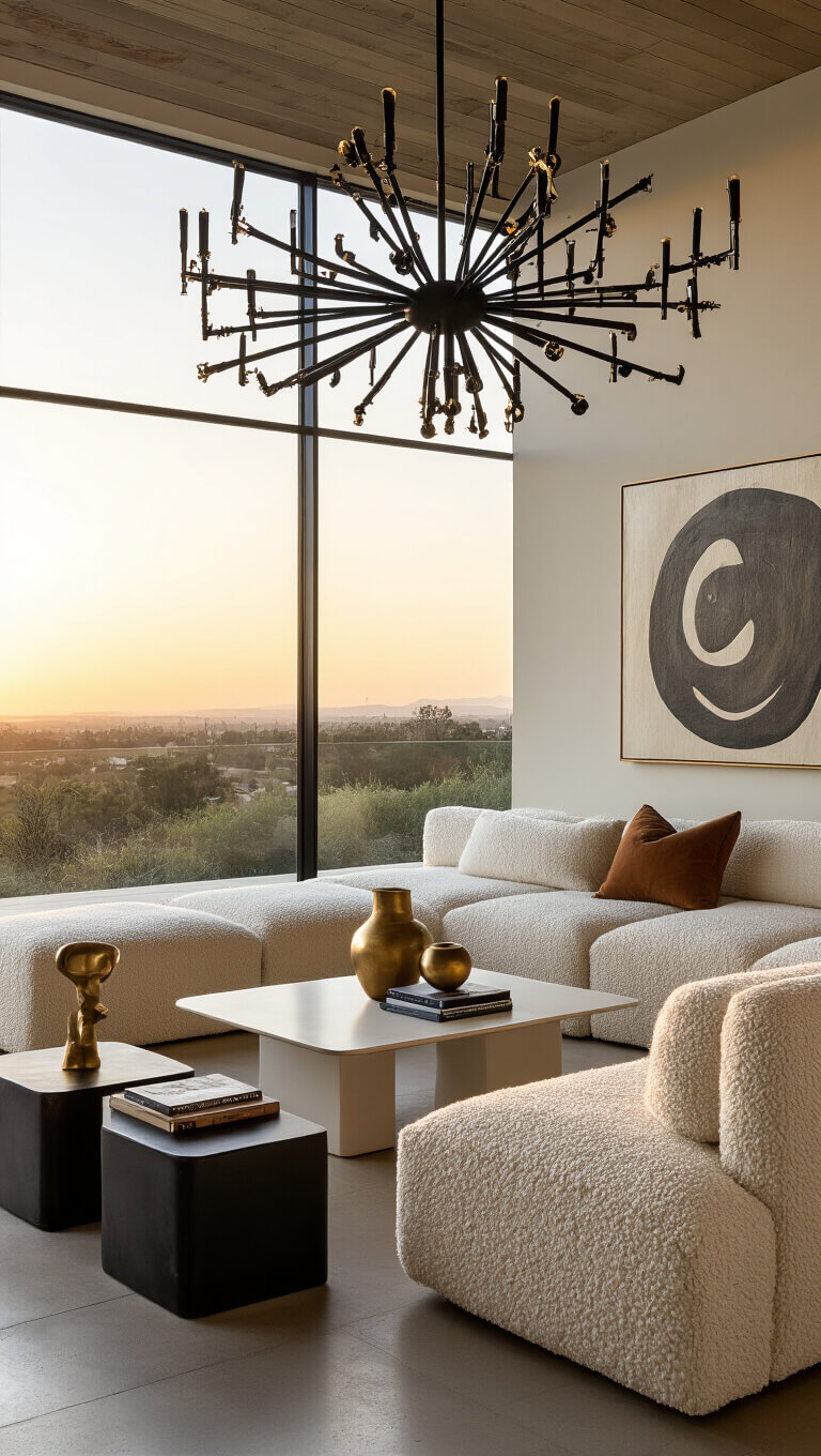 Chic 16x20ft entertaining space at sunset with matte black vintage chandelier, cream bouclé modular seating around Noguchi table, styled with brass accents, art books, and mixed-era decor.