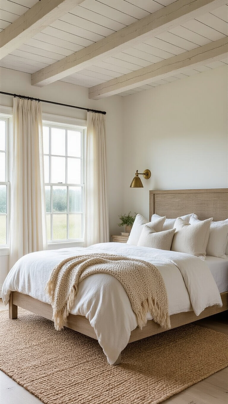 Coastal farmhouse bedroom at golden hour with king bed, white linens, seafoam throw, sheer curtains, and vintage brass sconces under whitewashed beam ceiling.