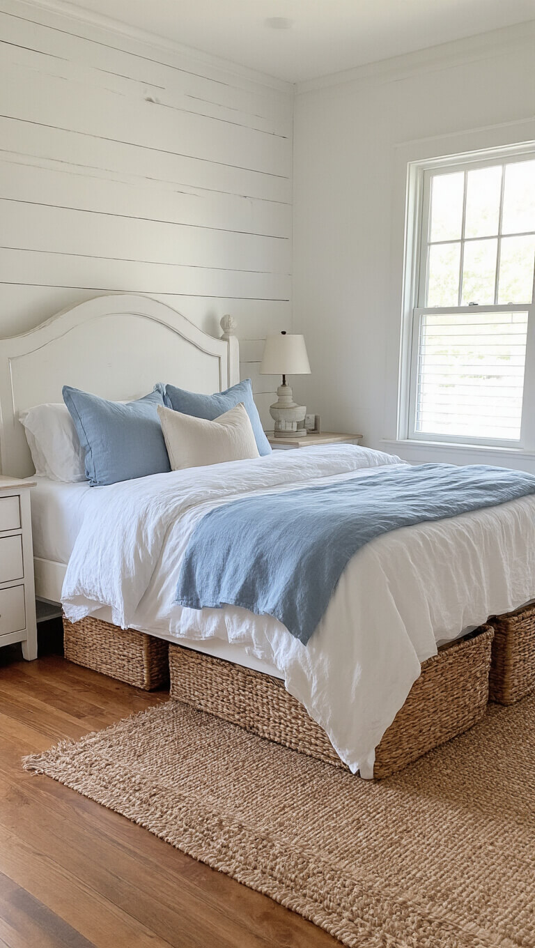 Cozy bedroom with white and blue bedding, vintage furniture, and soft morning light filtering through windows, highlighting warm textures and peaceful ambiance.