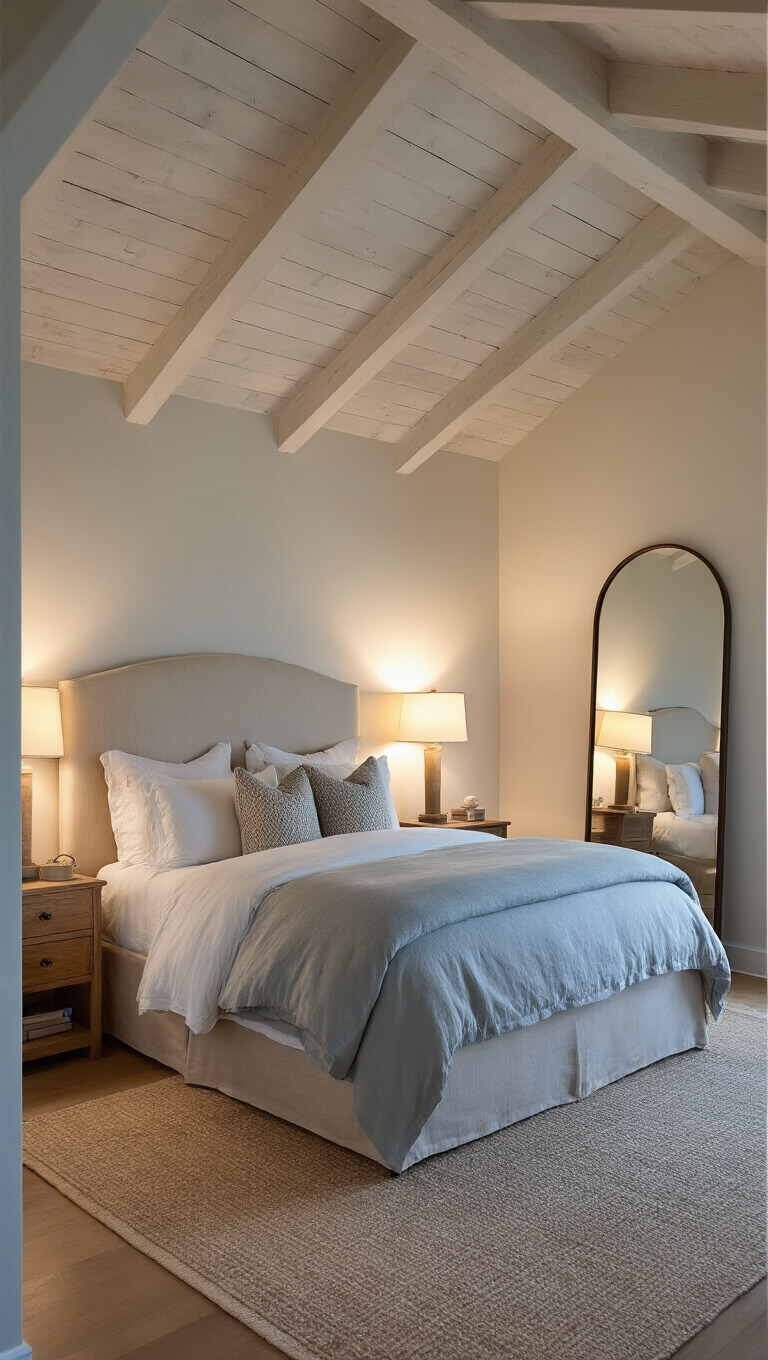 Wide-angle view of primary bedroom at dusk with vaulted ceiling, California king bed, and warm ambient lighting.