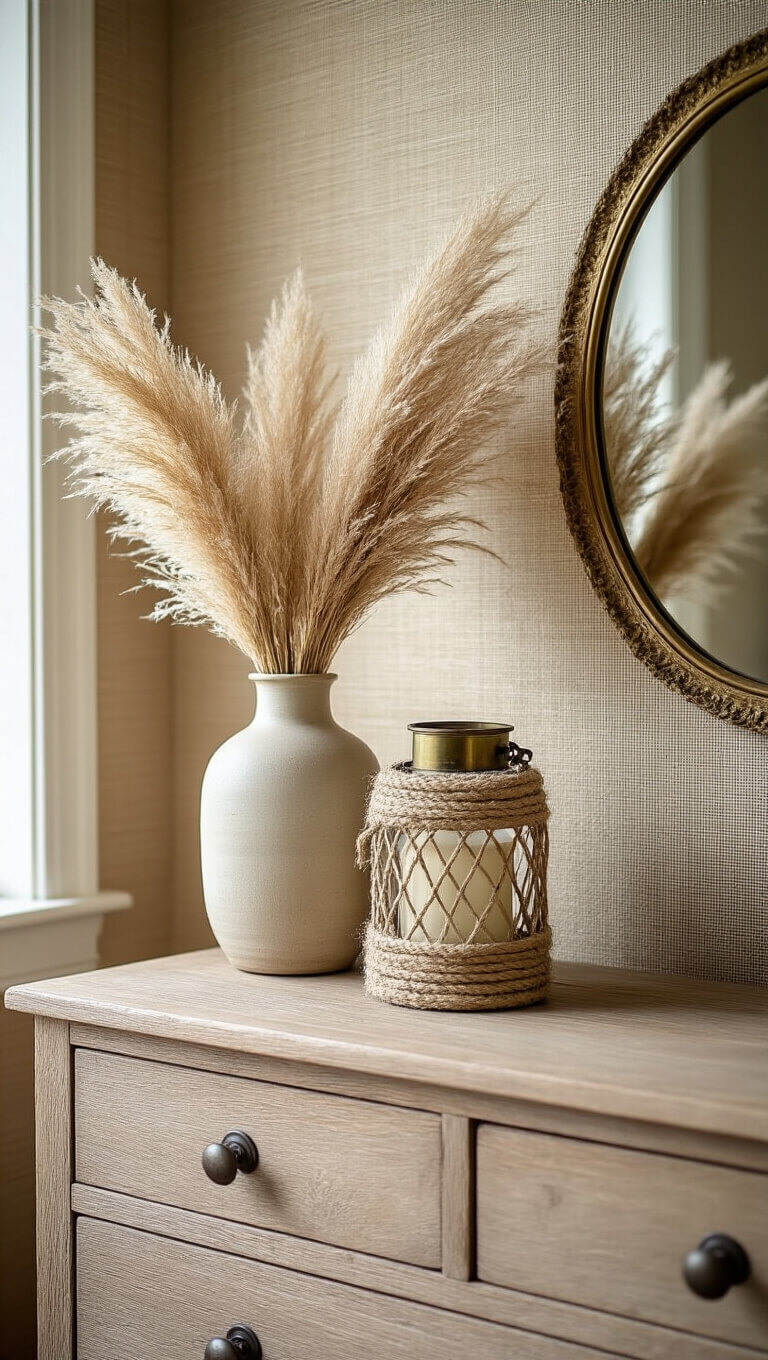 Weathered oak dresser with ceramic vase of dried pampas grass, rope-wrapped lantern, and vintage brass mirror against beige grasscloth wallpaper.