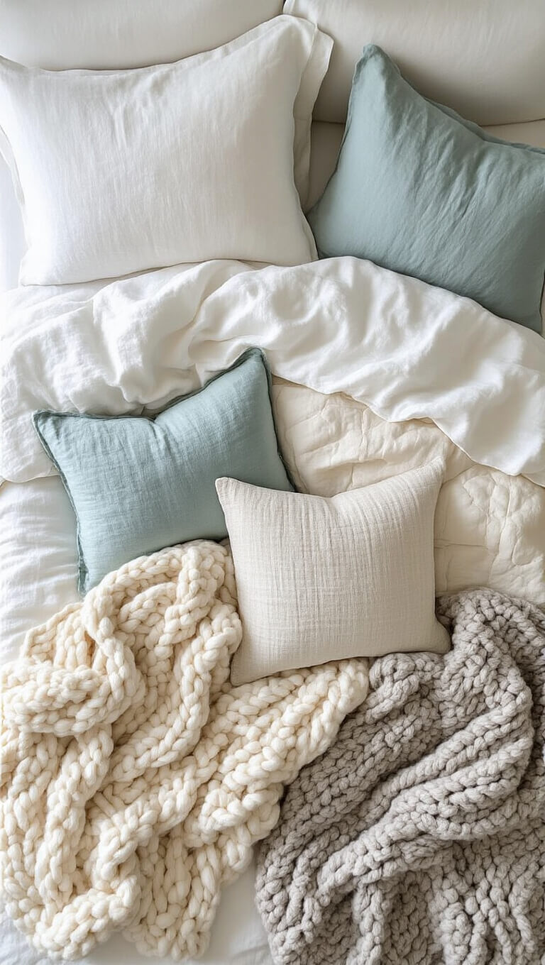 Overhead flatlay of layered bedding with white linen sheets, ivory quilted coverlet, driftwood gray knit throw, and sea glass blue and sandy neutral pillows in morning light highlighting textures.