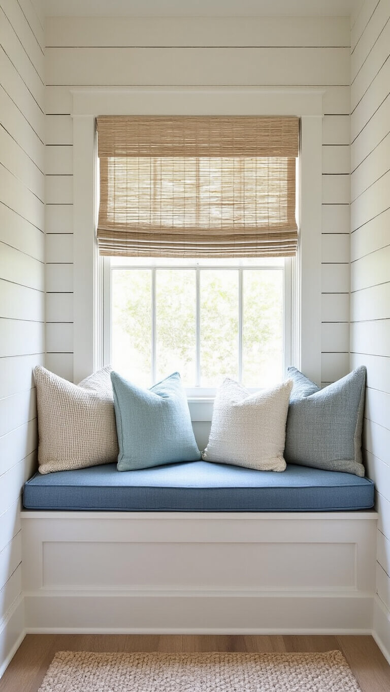 Cozy window nook with coastal blue cushion and textured pillows, dappled light filtering through woven shade onto whitewashed plank walls.