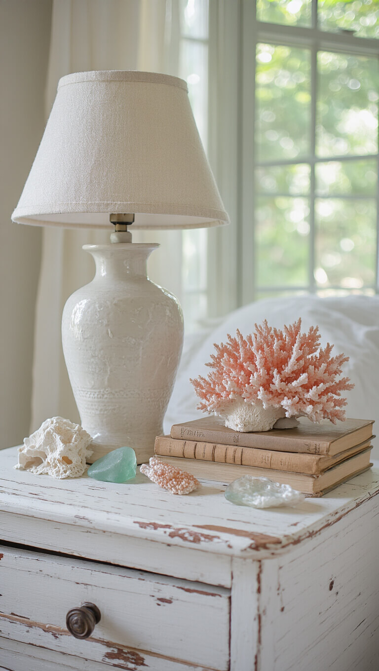 Close-up of styled white nightstand with ceramic lamp, vintage books, coral, and sea glass accents in soft afternoon light.