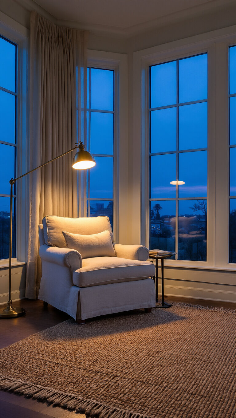 Cozy reading corner in spacious room at blue hour with linen armchair, brass floor lamp, and layered jute and wool rugs.