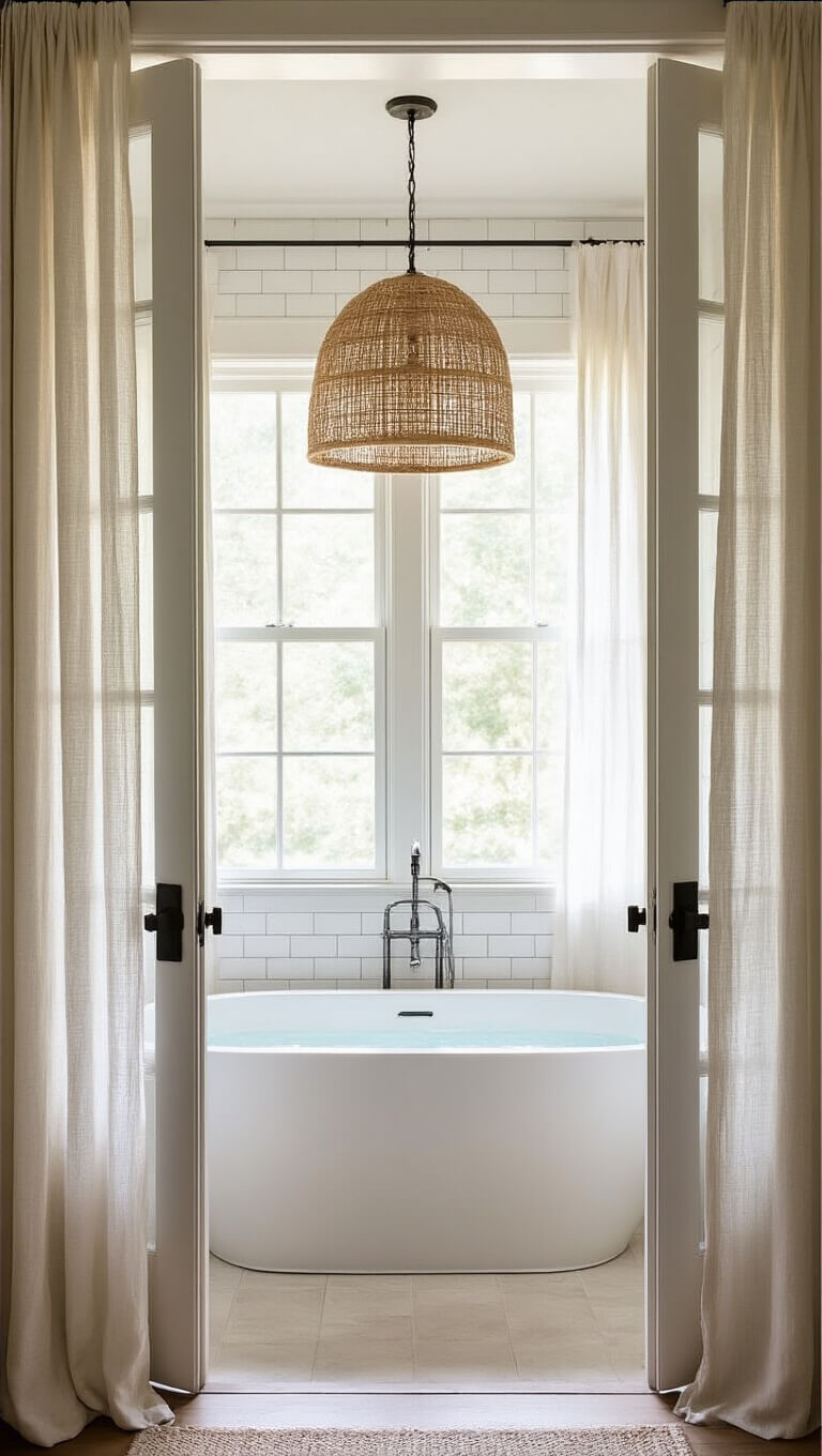 View from primary bedroom into bathroom through French doors with gauzy curtains, showing soaking tub, white subway tile, seagrass pendant, and soft morning light.
