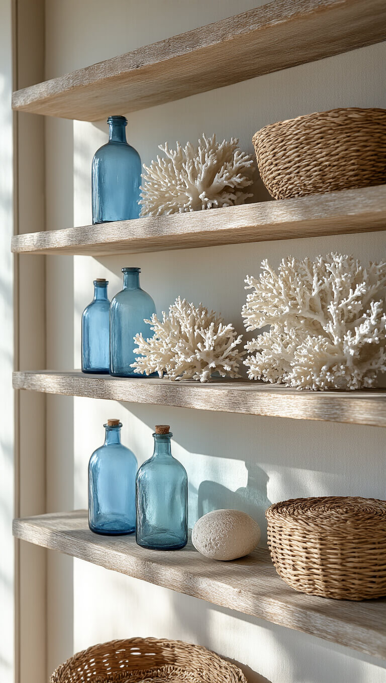 Macro shot of weathered wood shelves with coastal decor—white coral, blue glass bottles, woven baskets, and dried botanicals—in warm afternoon light.