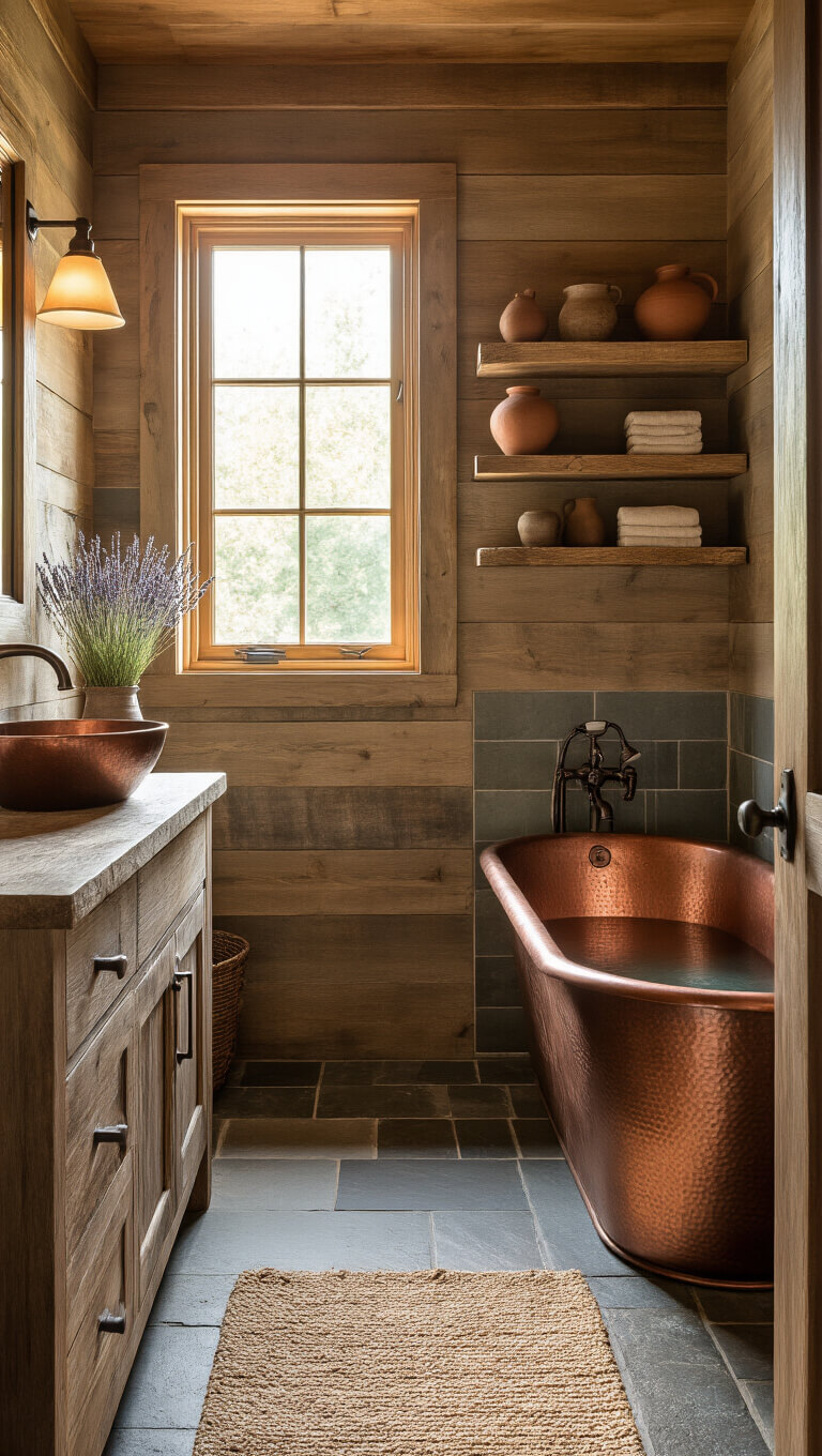 Golden hour light fills a cozy 8'x6' cabin bathroom with a copper vessel sink on a reclaimed wood vanity, herringbone slate floor, freestanding copper tub, and earthy decor.