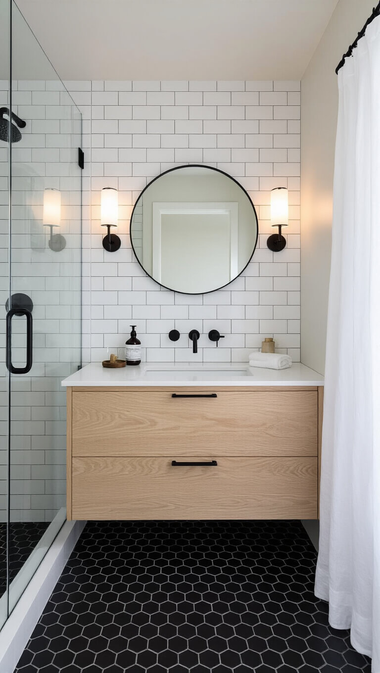 Scandinavian-style 7'x8' bathroom with white subway tiles, black hexagon floor, floating oak vanity, glass shower, and ambient morning lighting.
