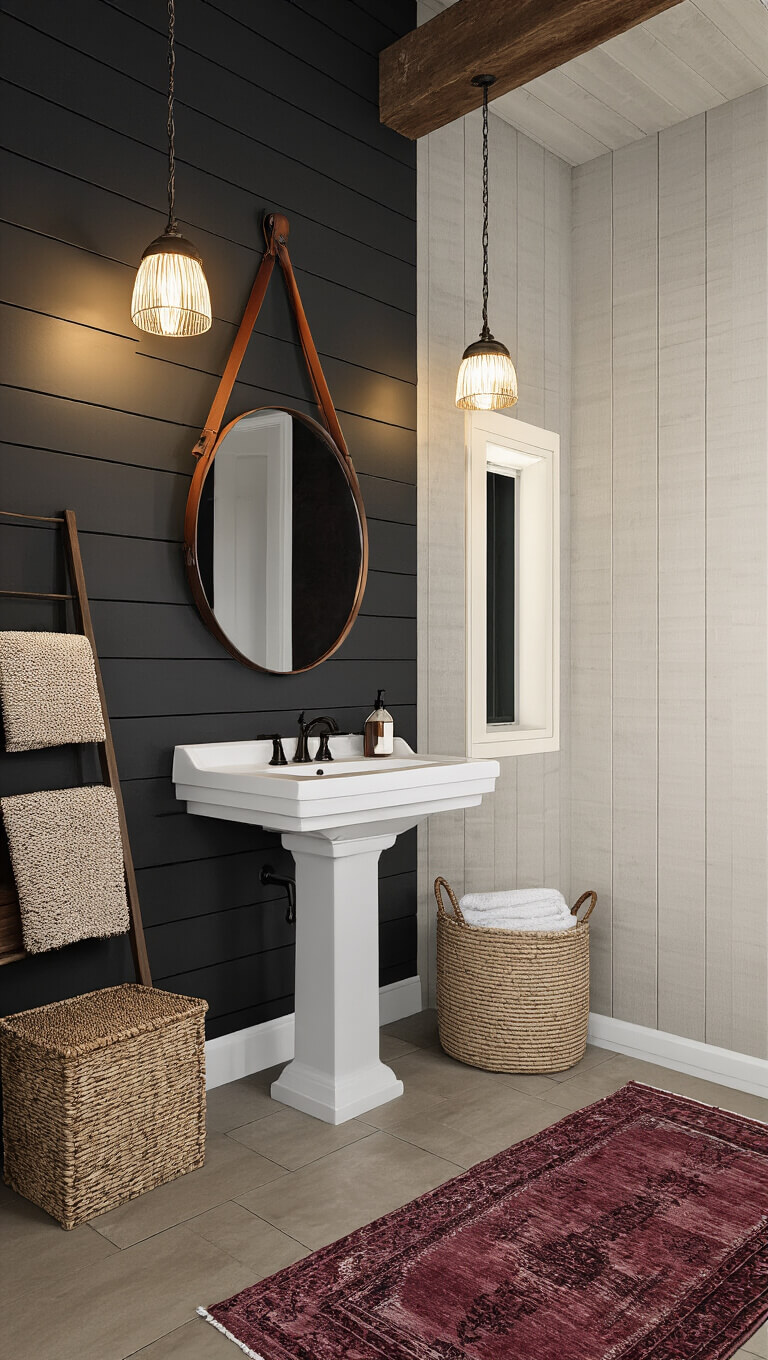 Modern-rustic 6'x7' bathroom at dusk with charcoal shiplap accent wall, white pedestal sink, round mirror with leather strap, pendant lighting, woven ladder with baskets, and burgundy Turkish runner.