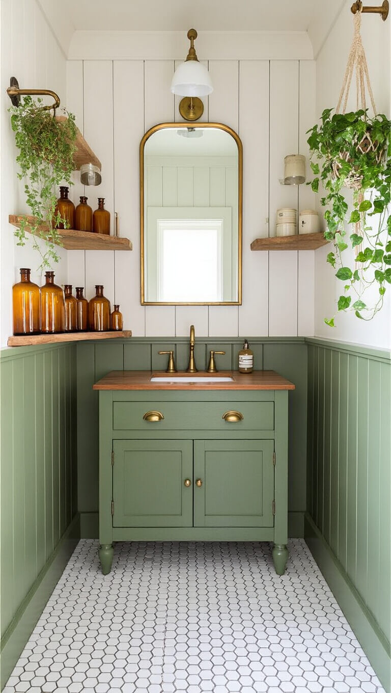 Mid-morning light fills a bright 8'x5' bathroom with white penny tile flooring, sage green board and batten walls, a vintage apothecary vanity, brass mirror and fixtures, open shelves with amber glass bottles, and a macramé hanger holding trailing ivy.