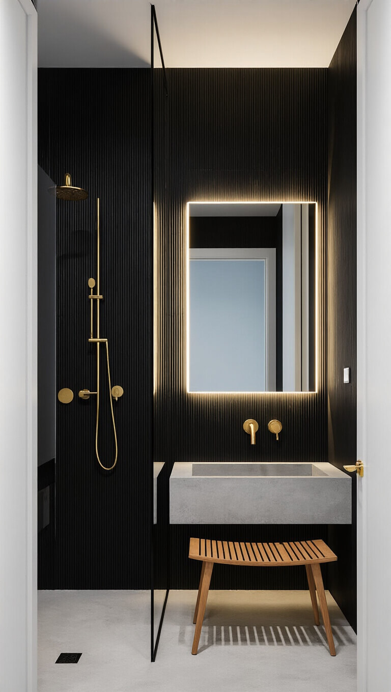 High-angle view of a contemporary 7'x6' bathroom at twilight with dramatic black vertical tiles, floating concrete vanity, backlit mirror, matte gold fixtures, and minimalist teak shower stool.