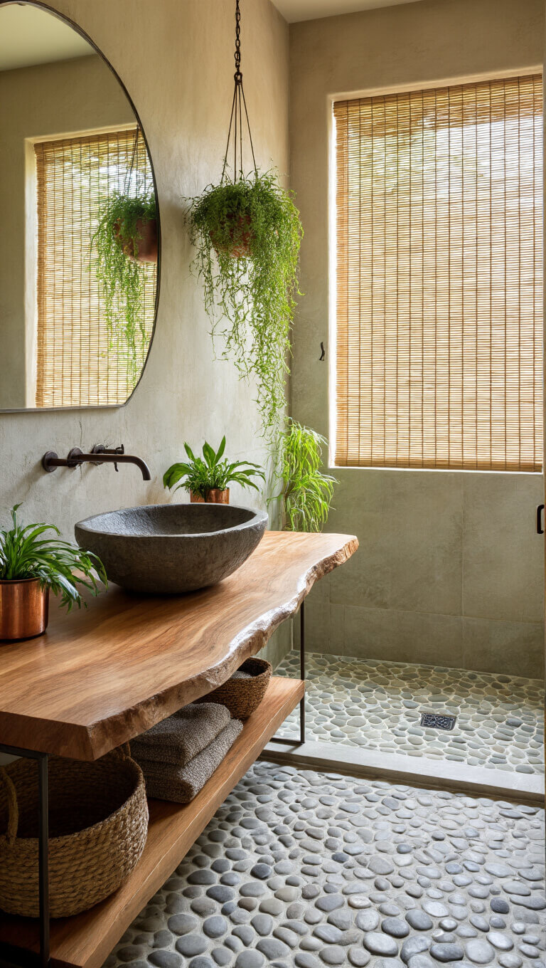 Nature-inspired 6x8 bathroom with live-edge wood vanity, stone vessel sink, pebble tile floor, hanging air plants, and woven reed blinds in soft afternoon light.