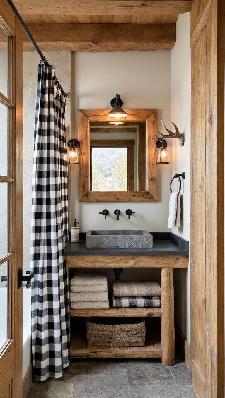 Rustic mountain lodge bathroom with slate countertop, stone sink, buffalo check shower curtain, iron pipe shelving, and antler hooks, bathed in sunrise and Edison bulb lighting.