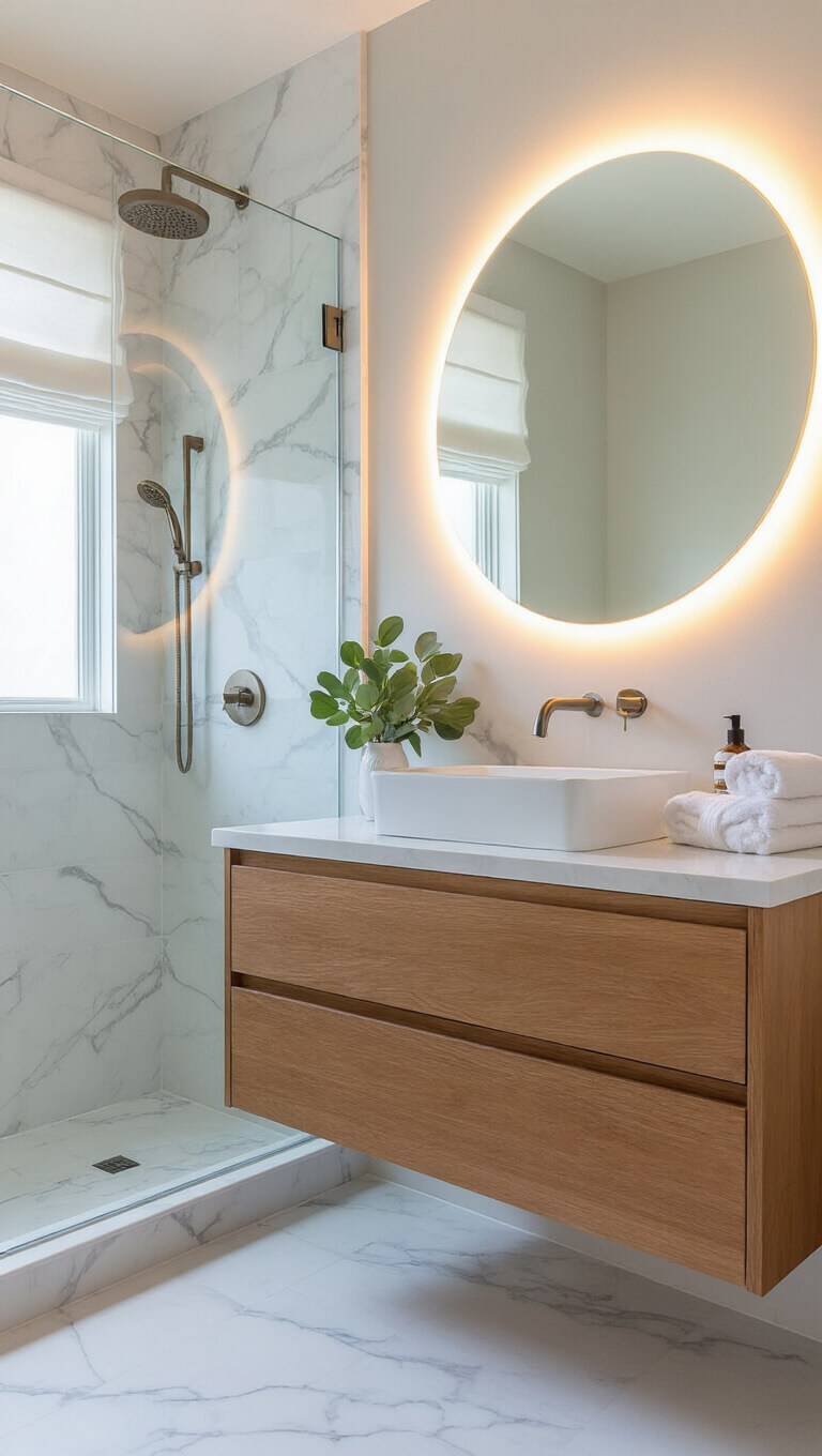 Modern 7'x7' spa-like bathroom with marble-look porcelain tiles, teak vanity, circular backlit mirror, and eucalyptus bundle in rainfall shower.
