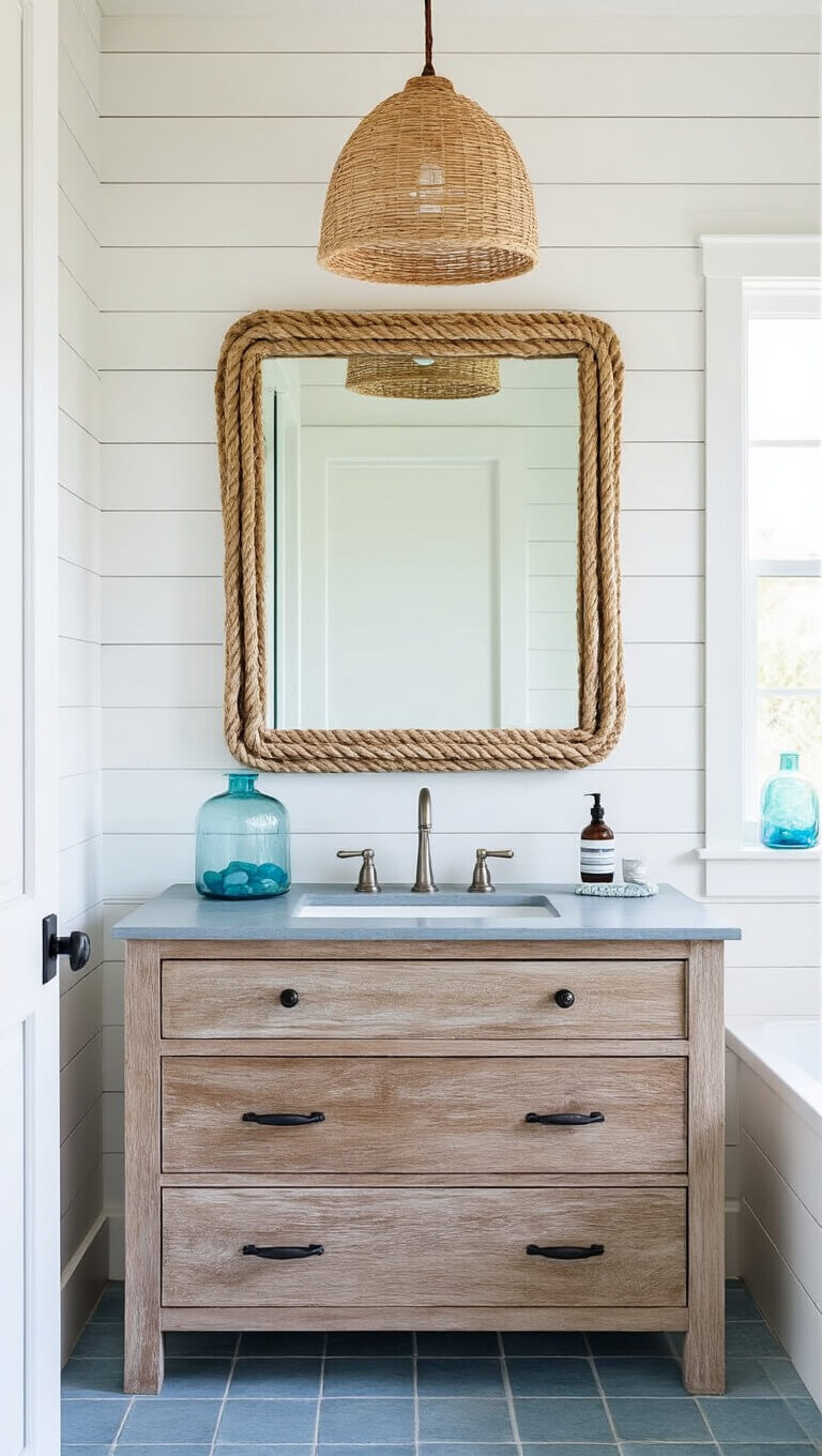 Coastal-style 6'x6' bathroom with whitewashed shiplap walls, blue-gray cement tile floor, teak vanity, rope-wrapped mirror, natural fiber pendant light, and glass floats on the window sill in soft daylight.