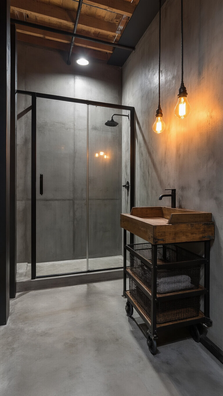 Industrial-modern bathroom at night with polished concrete surfaces, black steel shower, factory cart vanity, Edison bulb lighting, and metal mesh storage baskets.