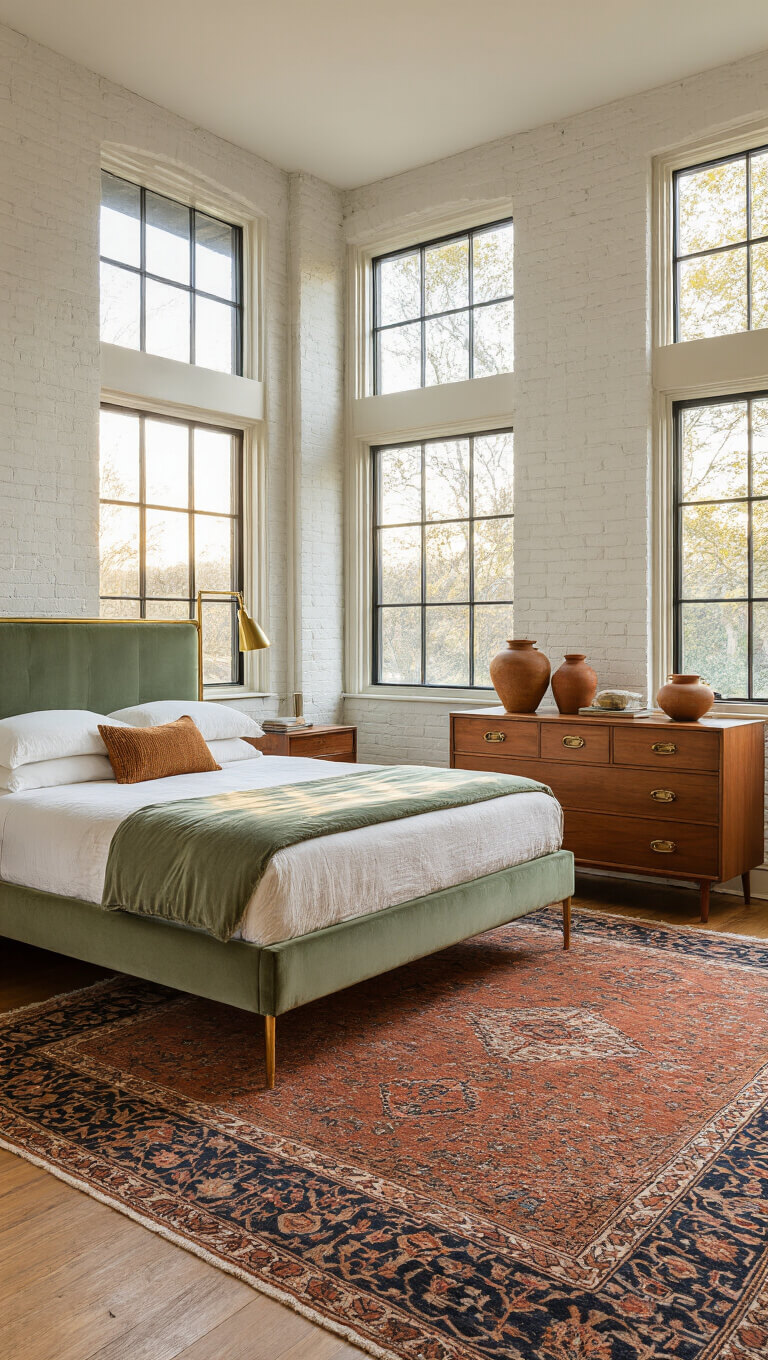 Wide-angle view of a vintage modern bedroom with golden afternoon light, featuring a brass-framed queen bed, whitewashed brick wall, mid-century walnut dresser, and layered Persian rugs.