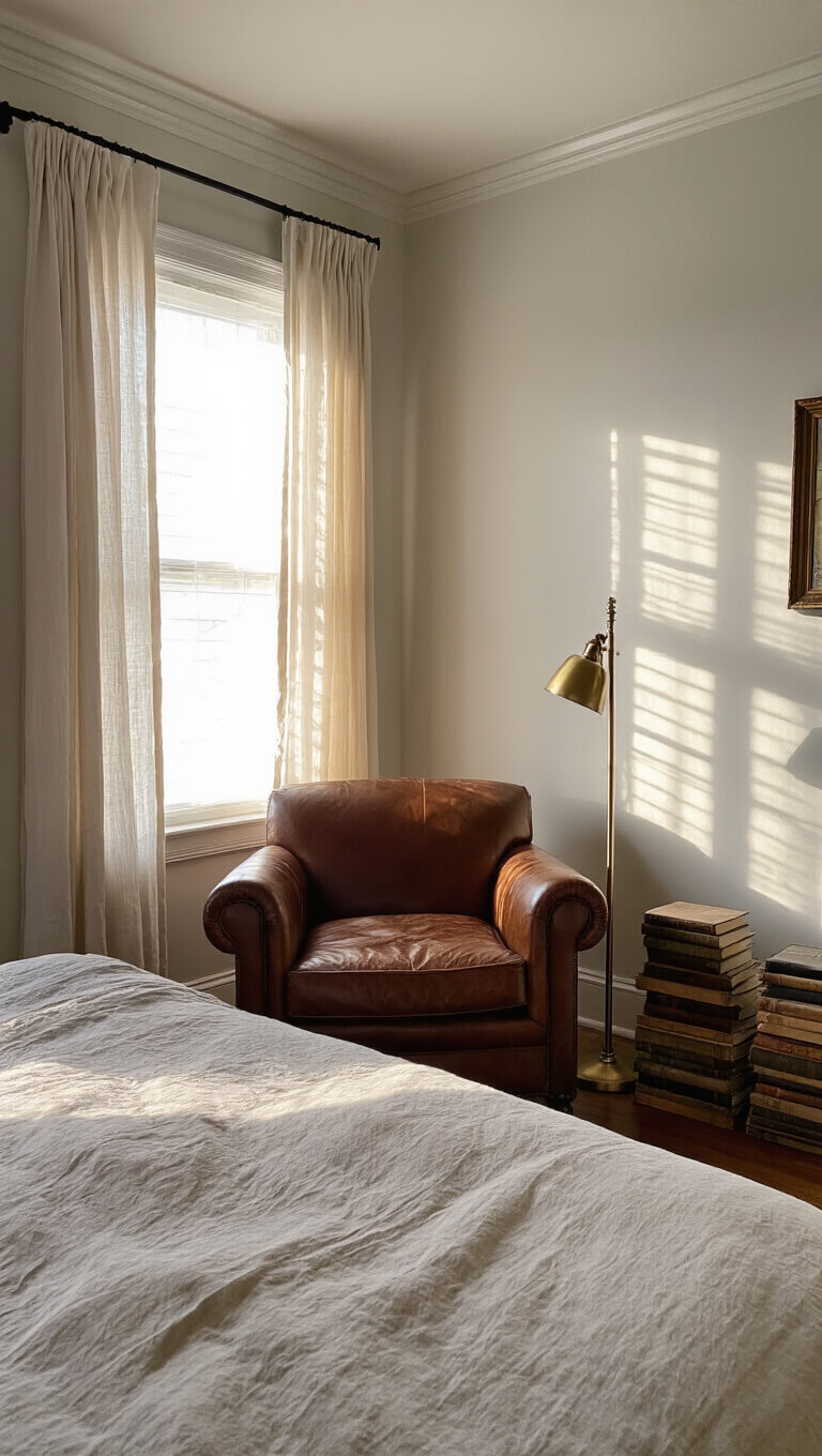 Low-angle view of a cozy bedroom corner at dawn with a leather reading chair, brass floor lamp, and vintage books under soft morning light filtering through linen curtains.