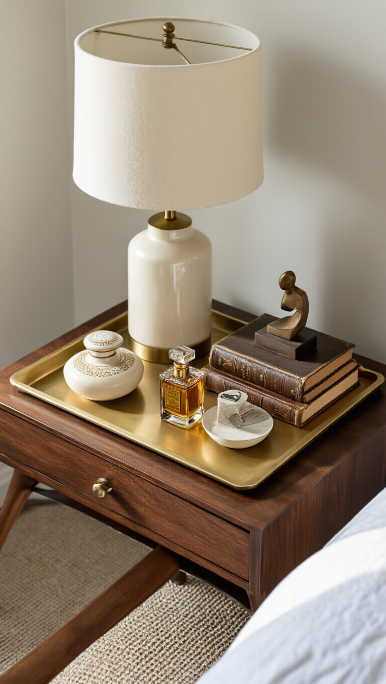 Overhead view of a styled vintage modern nightstand with dark walnut table, cream ceramic lamp, and brass tray holding antique perfume bottles, leather-bound books, and a small sculpture.