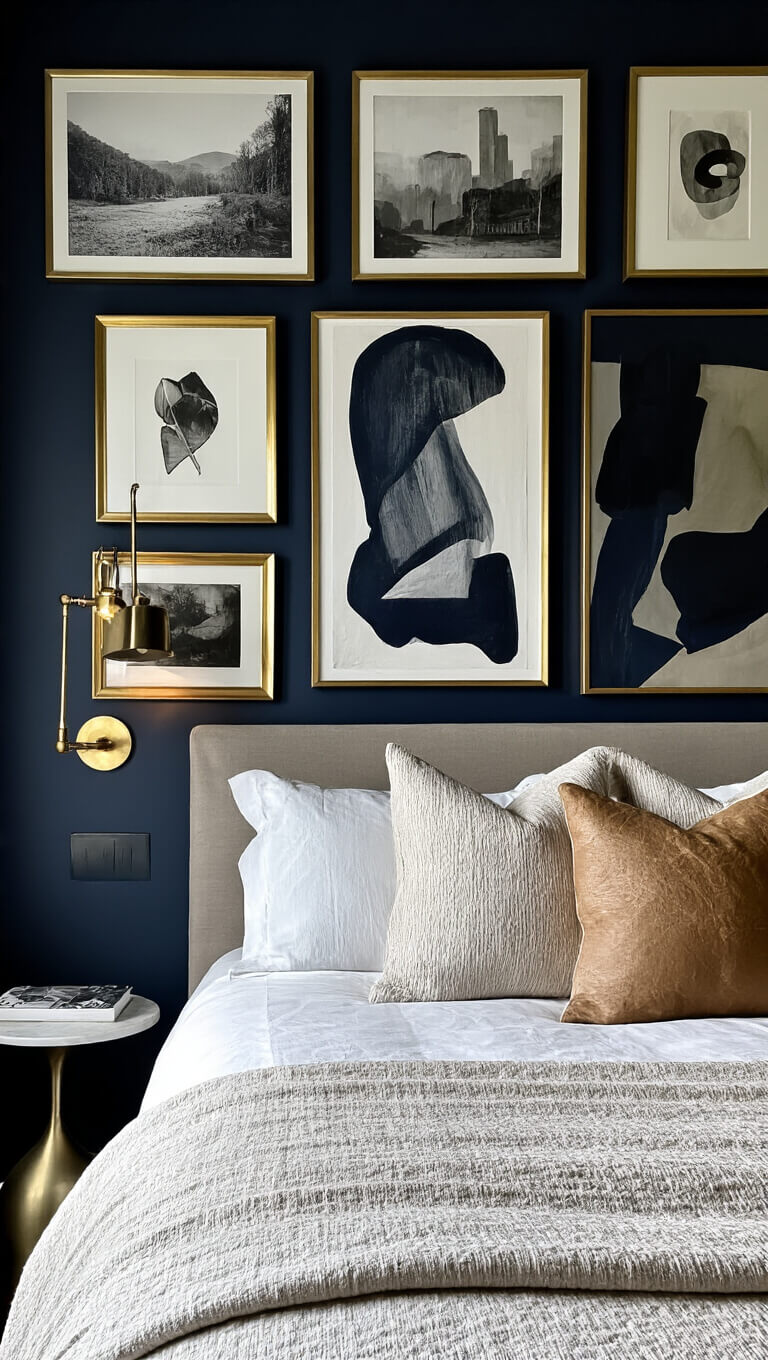Gallery wall of vintage and contemporary art in brass frames on dark navy bedroom wall with modern brass sconces.