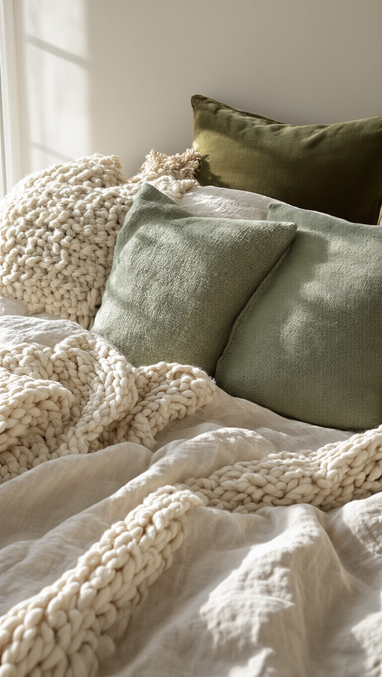 Close-up of rumpled ivory Belgian linen bedding with sage green knit throw, vintage mudcloth and modern velvet pillows, lit by morning light highlighting textures.