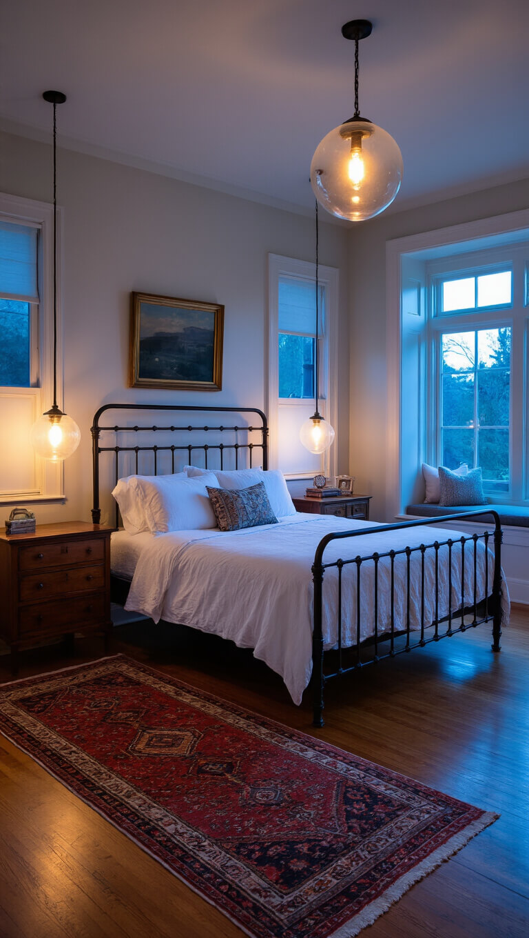 Guest bedroom at dusk with iron bed centered between antique nightstands, warm lamp glow, glass pendant lights, Persian runner, and bay window reading nook.