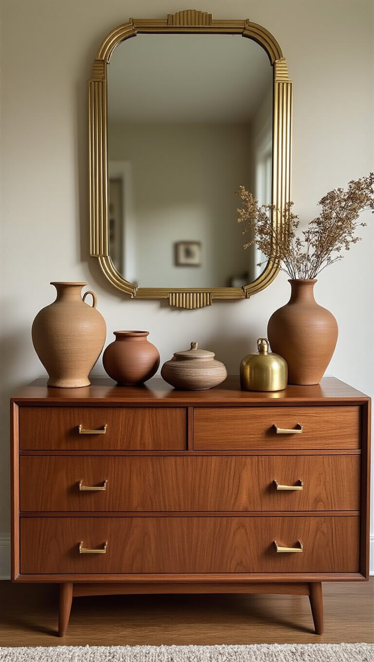 Mid-century walnut dresser with vintage pottery and brass decor, topped by an art deco mirror.