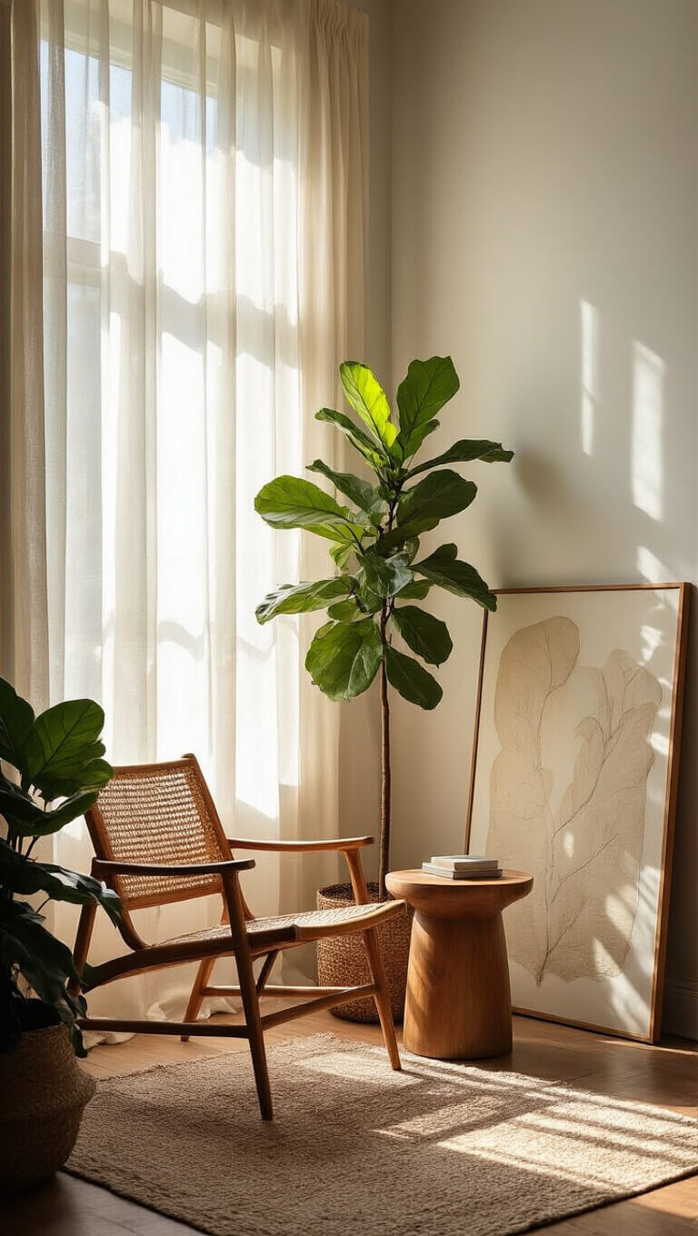 Morning light filters through sheer curtains onto a corner with a vintage bamboo chair, modern side table, large leaning artwork, and a fiddle leaf fig, shot from a low angle.