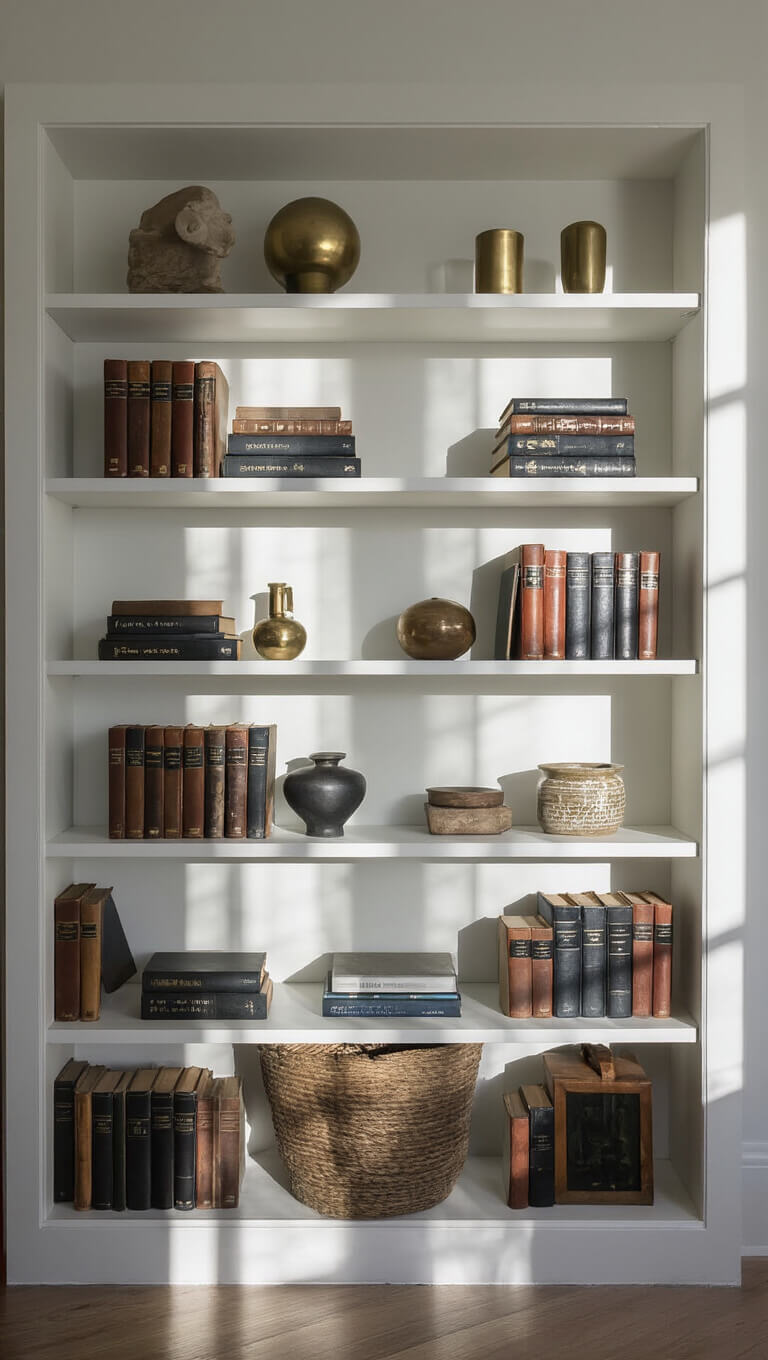 White built-in 1920s bookshelf styled with vintage books, modern ceramics, and brass objects in symmetrical display, lit by dramatic late afternoon shadows.
