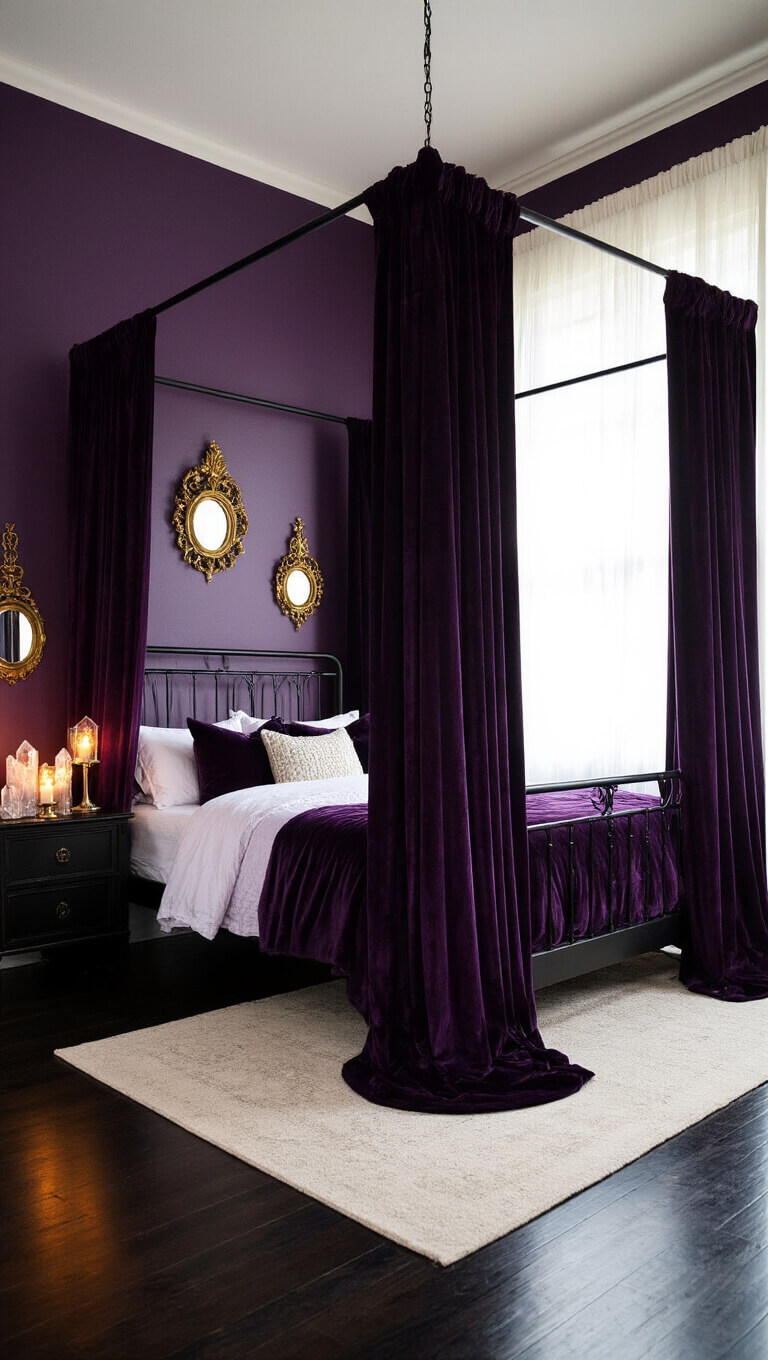 Moody dusk-lit bedroom with deep purple walls, black iron canopy bed draped in amethyst velvet, crystal clusters glowing in golden hour light, and vintage mirrors reflecting LED candles.