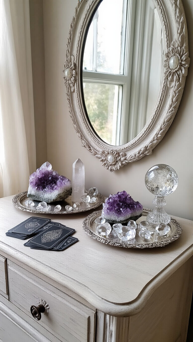 Victorian-style dresser corner with crystals on silver trays, tarot cards, and crystal ball, reflected in ornate mirror under soft morning light.