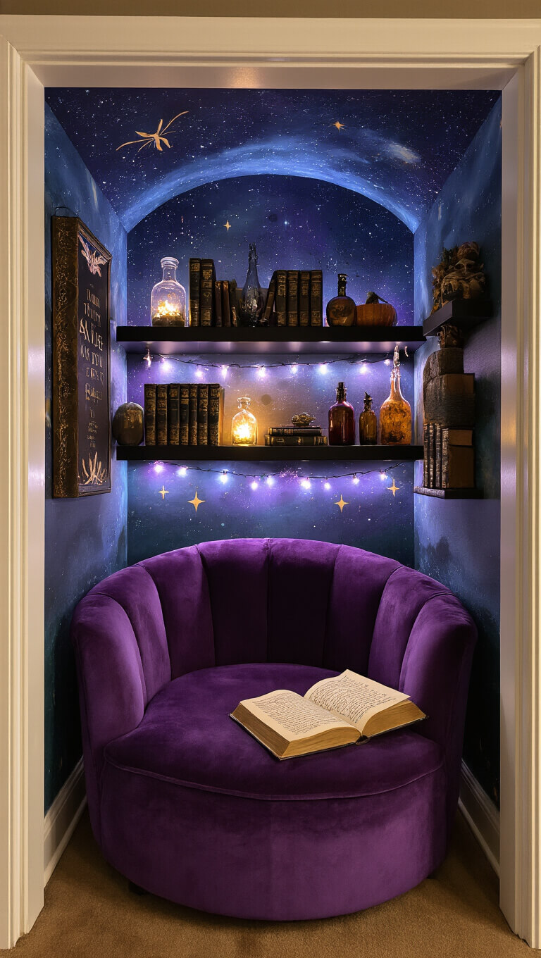 Wide-angle view of a cozy witchy reading nook with a purple velvet chair, celestial mural, black shelves holding spell books and potions, and ambient fairy lights glowing at midnight.