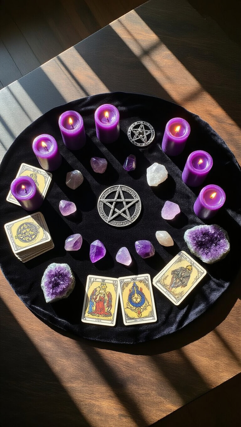 Overhead view of mystical altar on dark wood with purple candles, tarot cards, crystals, and silver pentacle on black velvet cloth, lit by morning sunbeams.