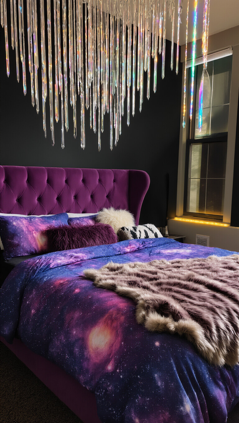 Cozy twilight bedroom with purple velvet headboard, cosmic pillows, plum faux fur throws, and crystal prisms casting rainbow light.