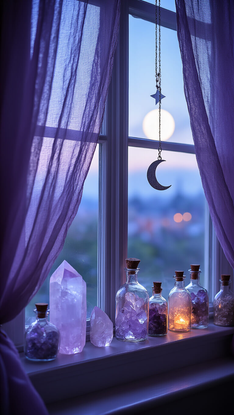 Close-up of a bay window altar at blue hour with crystals and potion bottles glowing in dusky light, sheer purple curtains billowing, and a silver moon phase mobile catching the light.