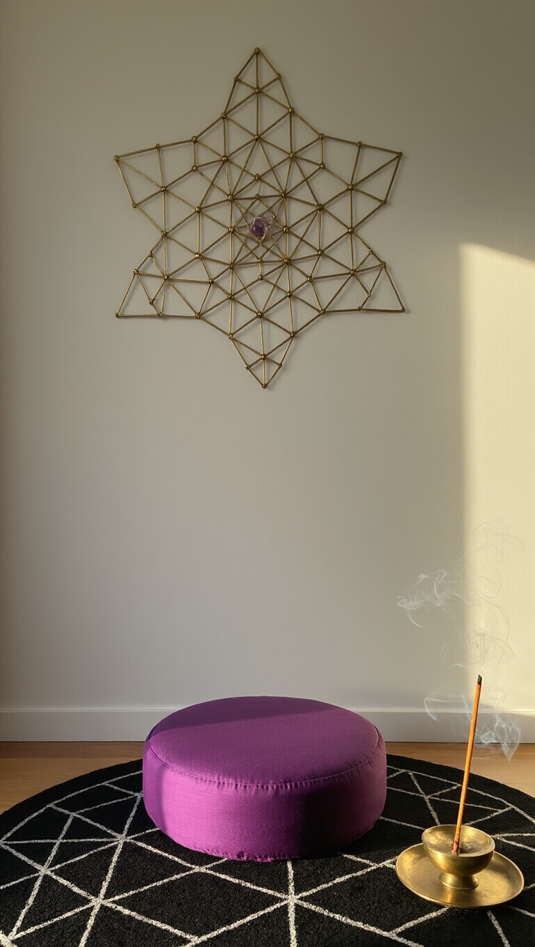 Corner meditation space at dawn with a purple cushion on a black geometric rug, crystal grid on the wall catching morning light, and subtle incense smoke rising from a brass holder.