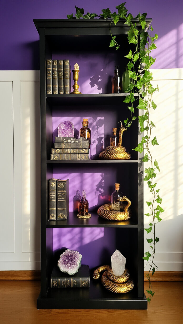 Bookshelf with black floor-to-ceiling shelves and purple backdrop, styled with spell books, potion bottles, crystals, golden snake bookends, and trailing ivy, lit by dramatic afternoon side light.