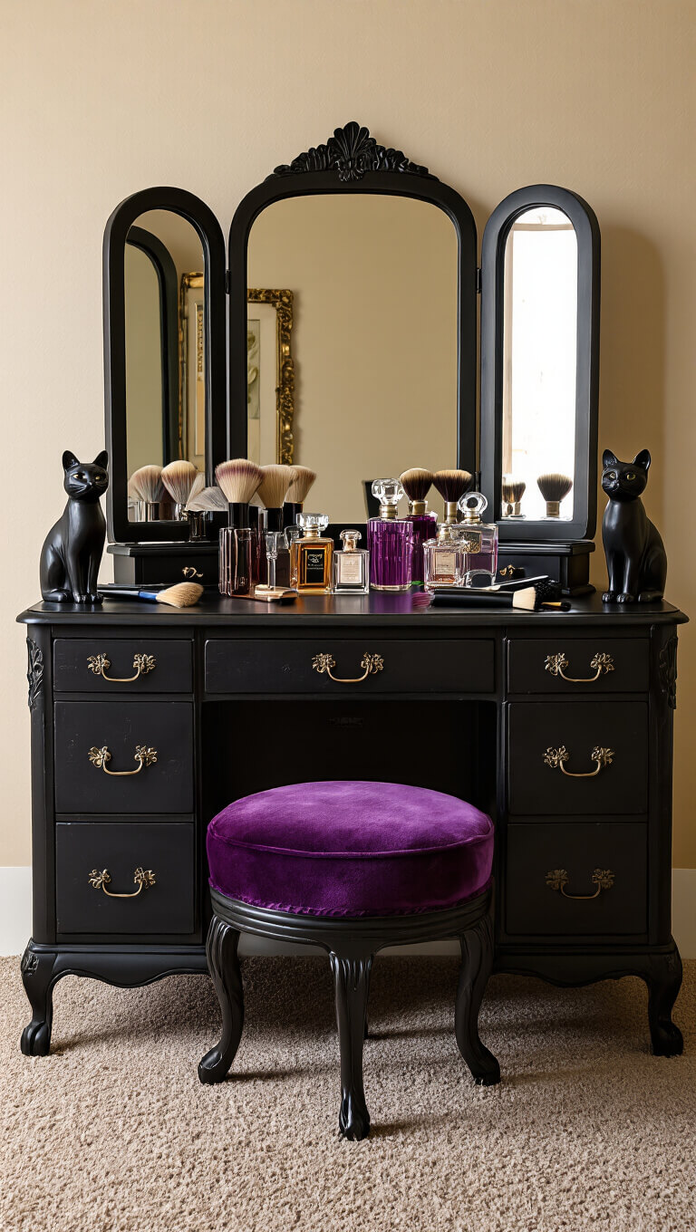 Evening-lit vanity with antique black triple-mirror dresser, purple velvet stool, vintage perfume bottles, crystal-handled brushes, and black cat figurines.