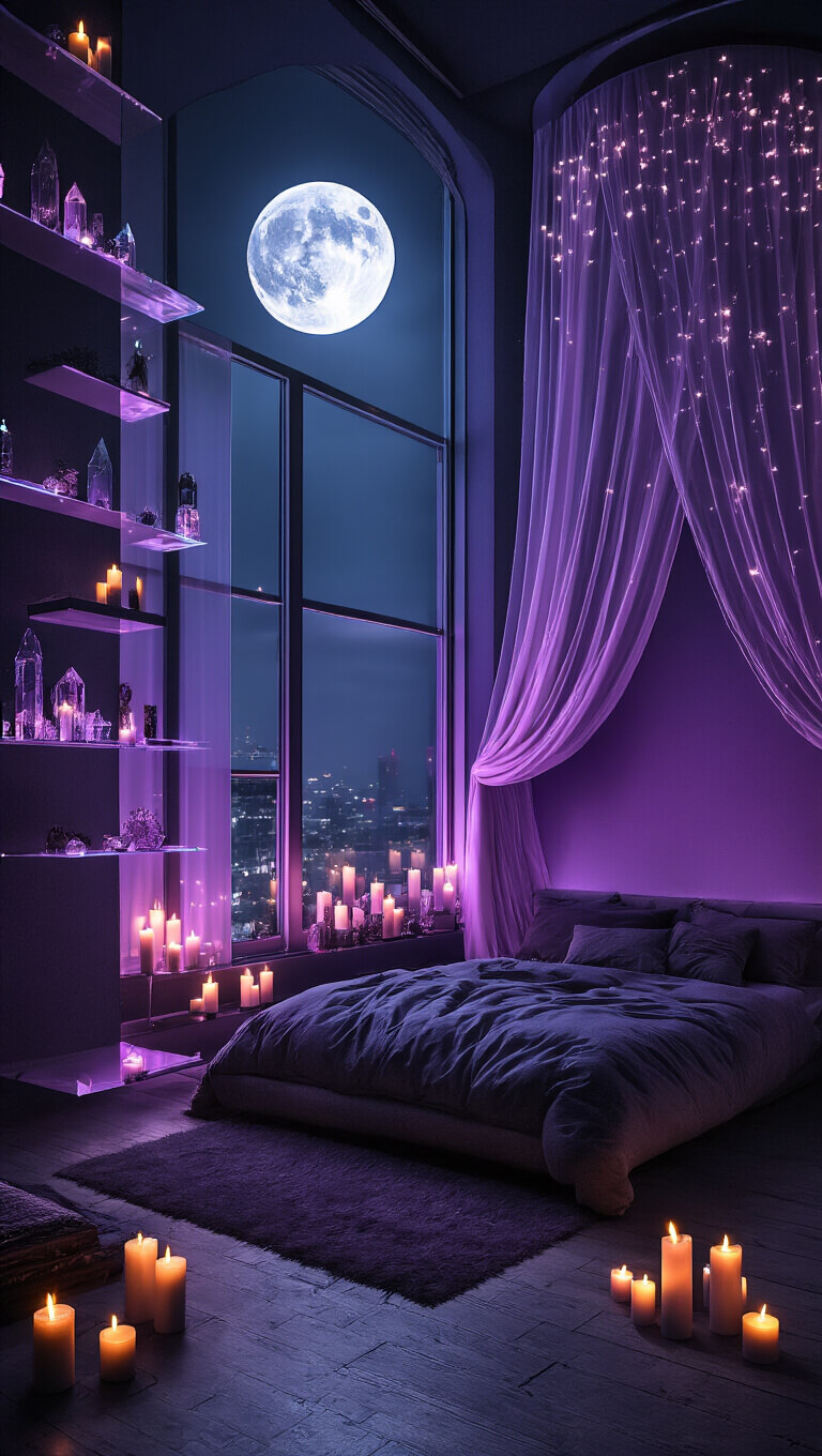 Midnight room with purple-black walls, crystal shelves, canopy bed with LED lights, moonlit window, and glowing candle clusters.