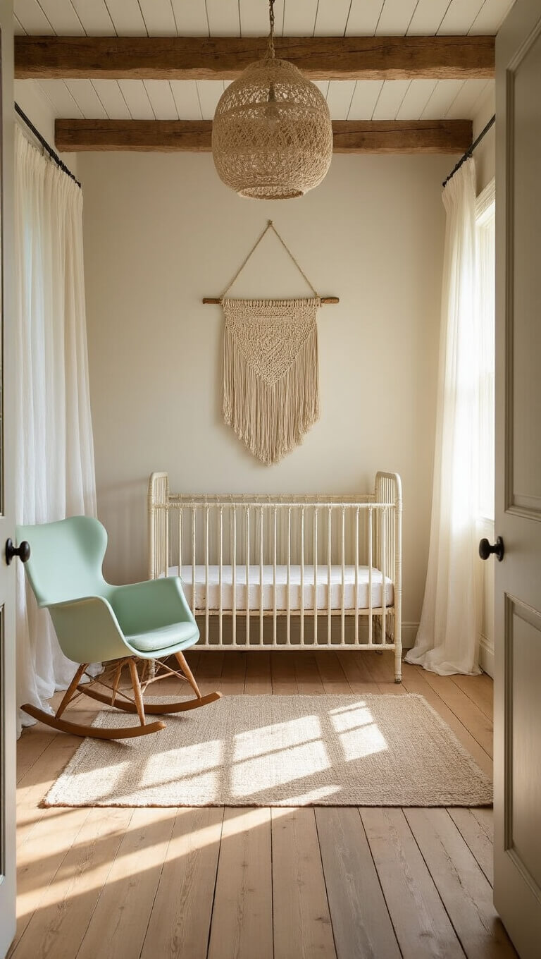 Vintage-inspired nursery with golden morning light, cream iron crib, mint-green rocking chair, dried flower garlands, and soft dreamy focus.